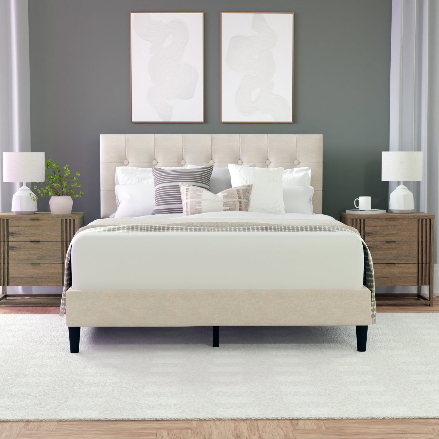 Hendrix Button Tufted Upholstered Queen Platform Bed, Beige, by Hillsdale Living Essentials