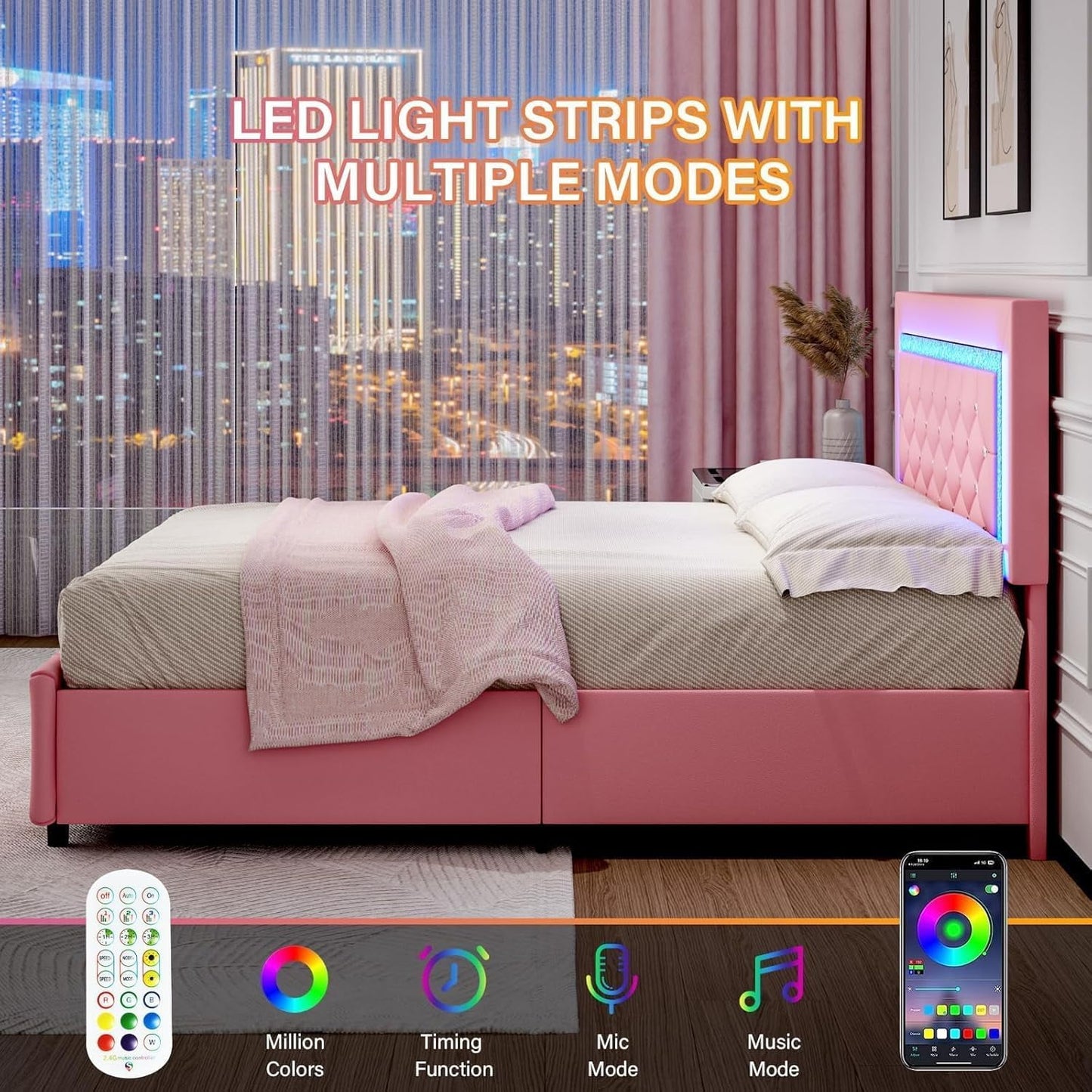 4 EVER WINNER Twin Size LED Bed Frame, Pink Twin Bed Frame with LED Light Headboard, 2 Storage Drawers Upholstered Platform Bed Frame, Pink