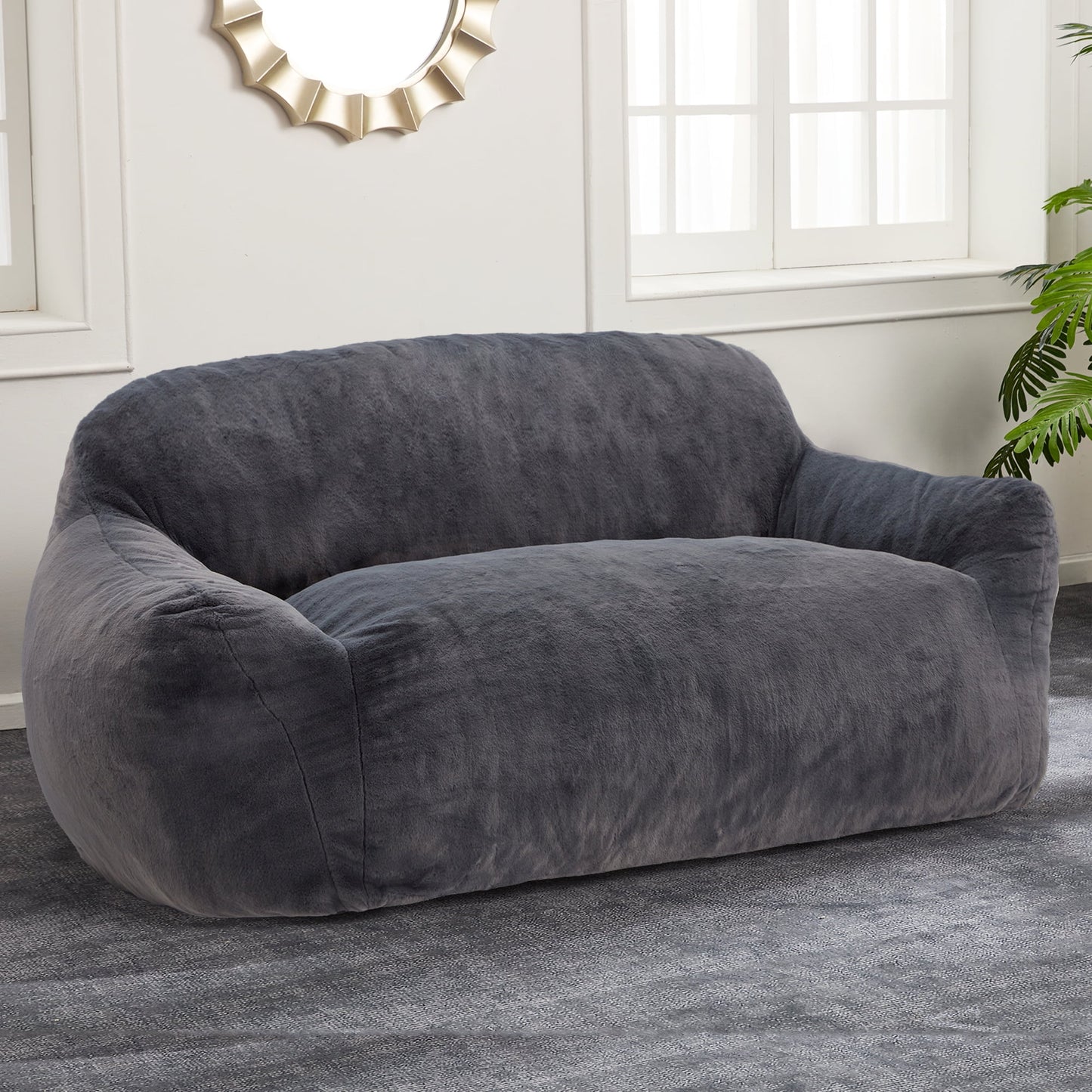 HOMGUAVA Oversized Bean Bag Chair for Adults, Giant Bean Bag Loveseat, Comfy Chair Lazy Sofa with Wide Armrests & Soft Imitation Mink Cover for Bedroom & Living Room, Gray Blue