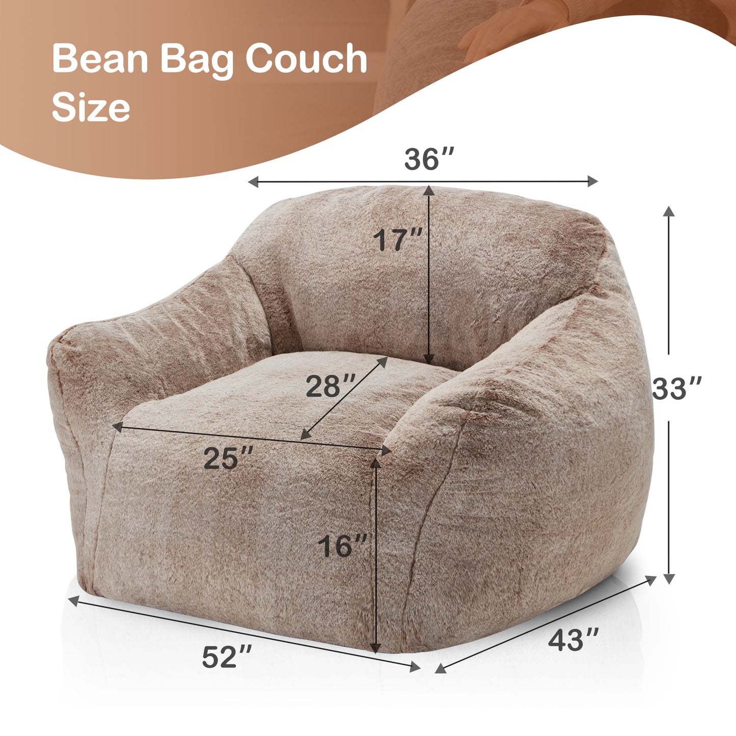HOMGUAVA Giant Bean Bag Chair for Adults, Large Oversized Bean Bag Couch, Puffy Comfy Bedroom Lazy Sofa with Armrests & Soft Plush Cover, Khaki