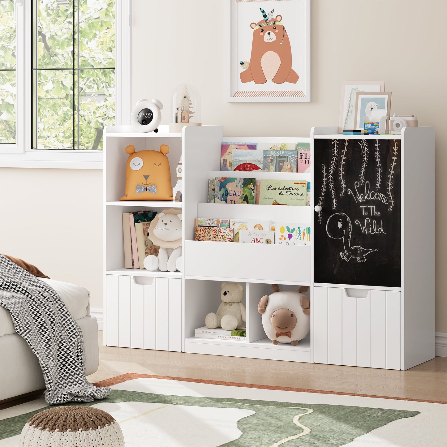 Homfa Kids Bookshelf with Blackboard, Nursery Bookcase with Cubby and Toy Bin for Kids Room, White