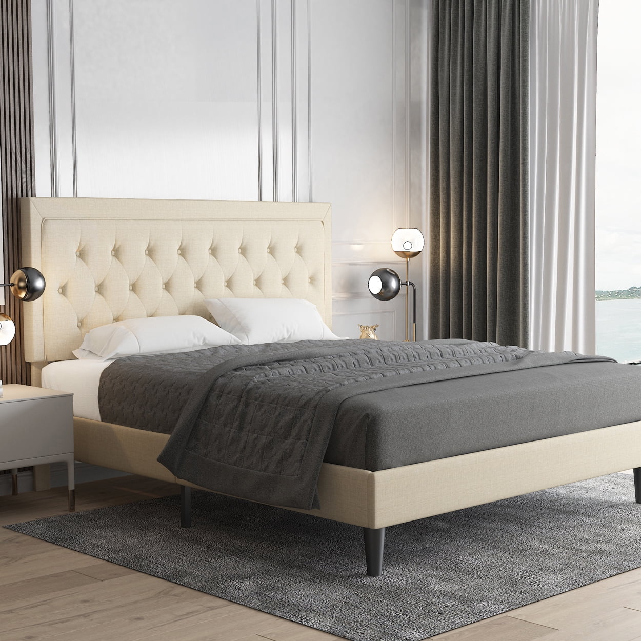 Allewie Full Size Bed Frame, Upholstery Material, Comfortable Mattress Support, Beige, No Box Spring Needed
