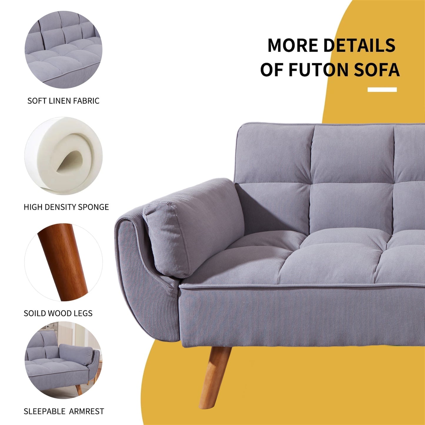 Aukfa 75in Flared Arm Futon Convertible Sofa Bed, Curved Sleeper Sofa for Home Office, Corduroy, Gray