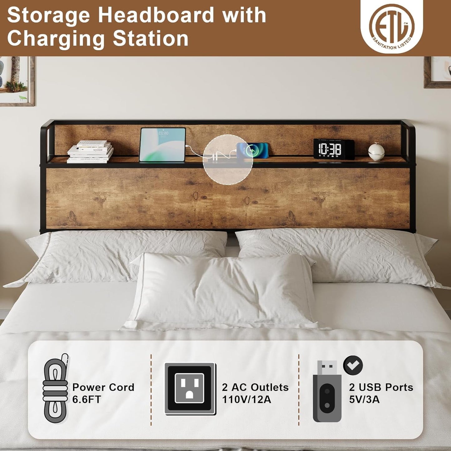 AMERLIFE King Size Lift Up Storage Bed Frame, Wooden Platform Bed Frame with Lifting Storage & Charging Station, No Spring Box Needed/Noise Free, Rustic Brown