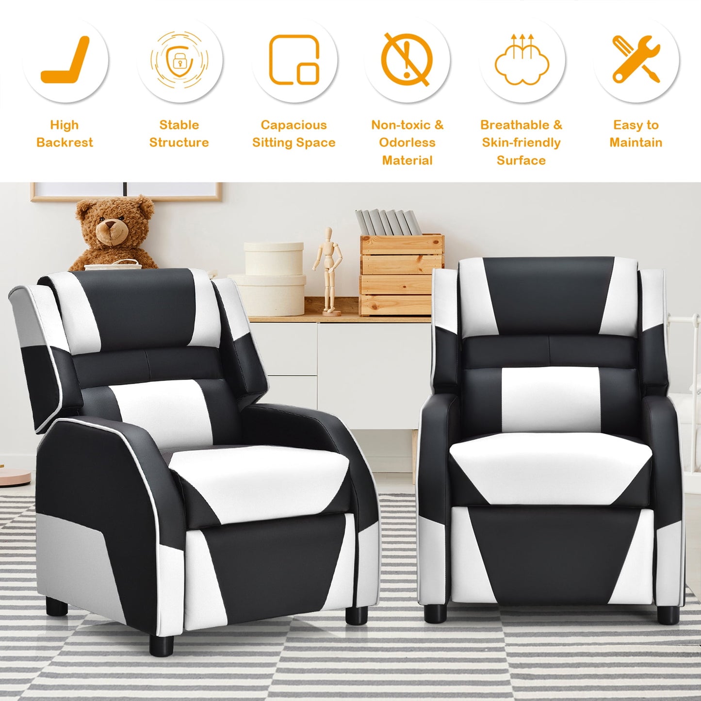 Gymax Gaming Recliner Sofa PU Leather Armchair for Kids Youth w/ Footrest White