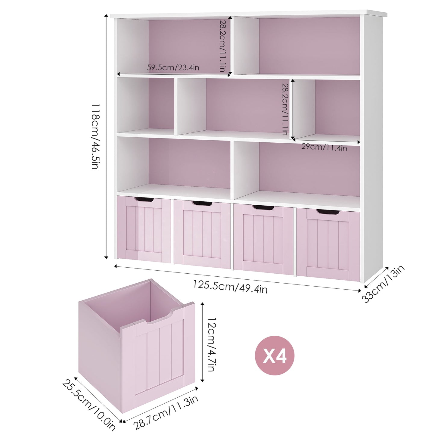 Homfa Kids Geometric Bookcase with 4 Drawers, 7 Cube Toy Storage Organizer, Pink & White