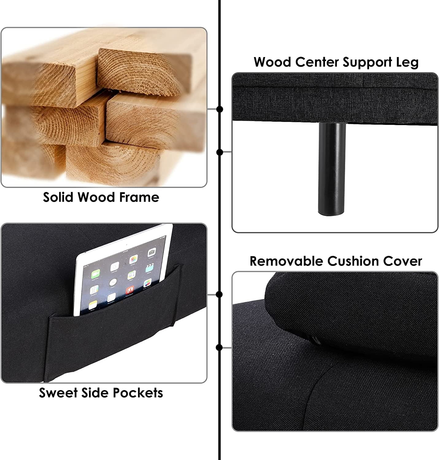 Homfa Upholstered Couch Sofa Bed, 66.3in Folding Futon Sofa with Removable Armrests for Living Room, Black