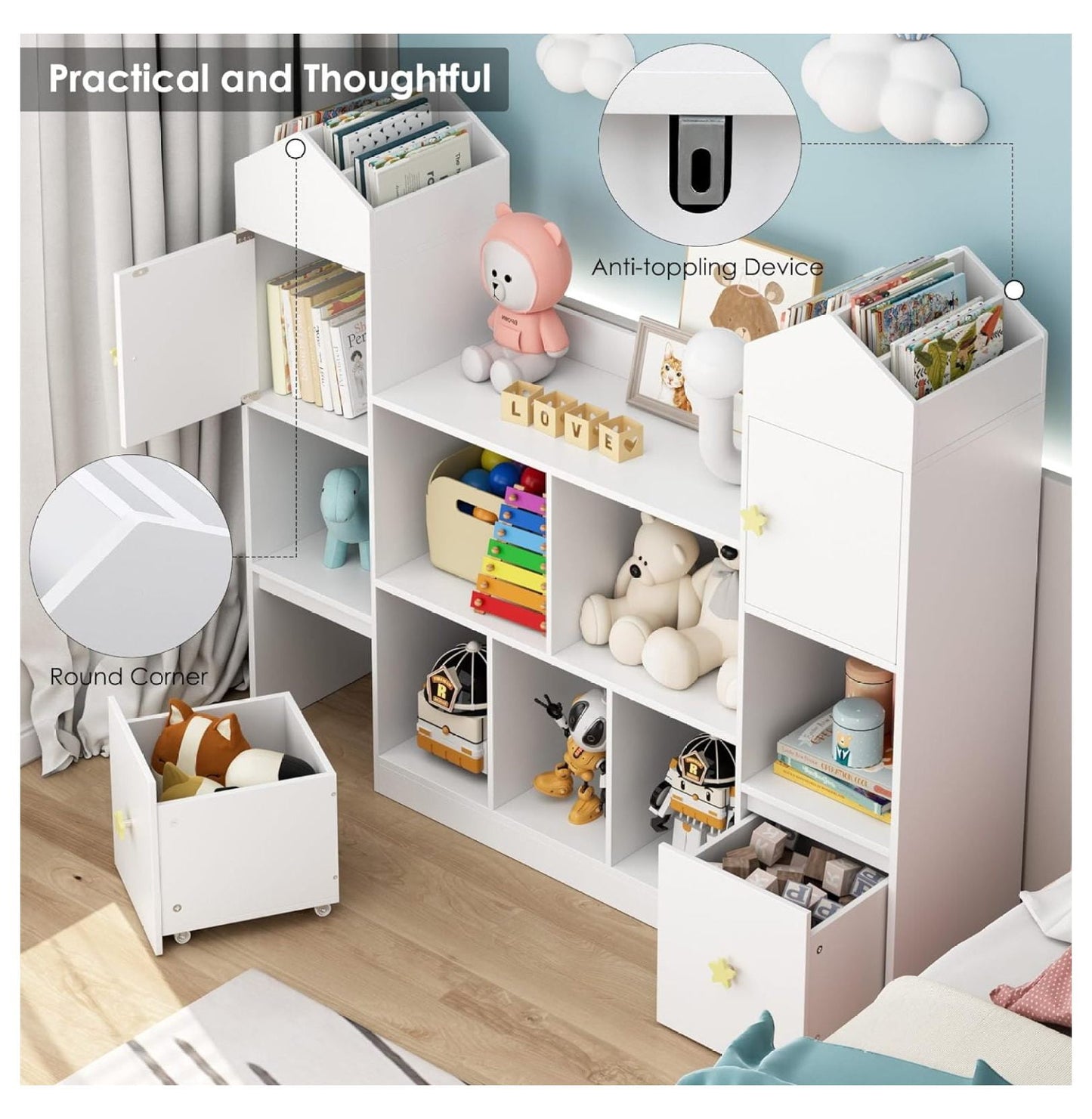 54.5' Toy Storage Organizer, Toy Organizers and Storage Toy Chest with 9 Storage Cubbies and 2 Moveable Drawers, Kids Bookshelf Kids Bookcase with Hidden Wheels for Playroom Bedroom