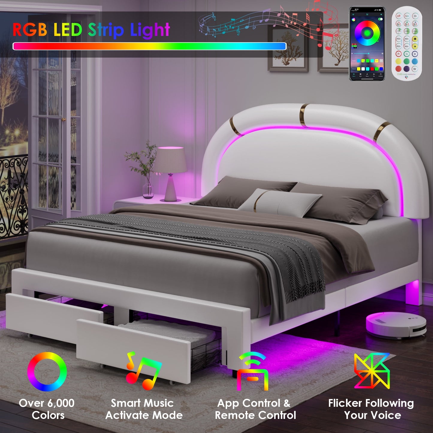 Homfa Queen LED Bed Frame with Storage Drawer, Modern Adjustable Headboard Faux Leather Upholstered Platform Bed for Bedroom, Solid Wood Slats Sturdy Base, White