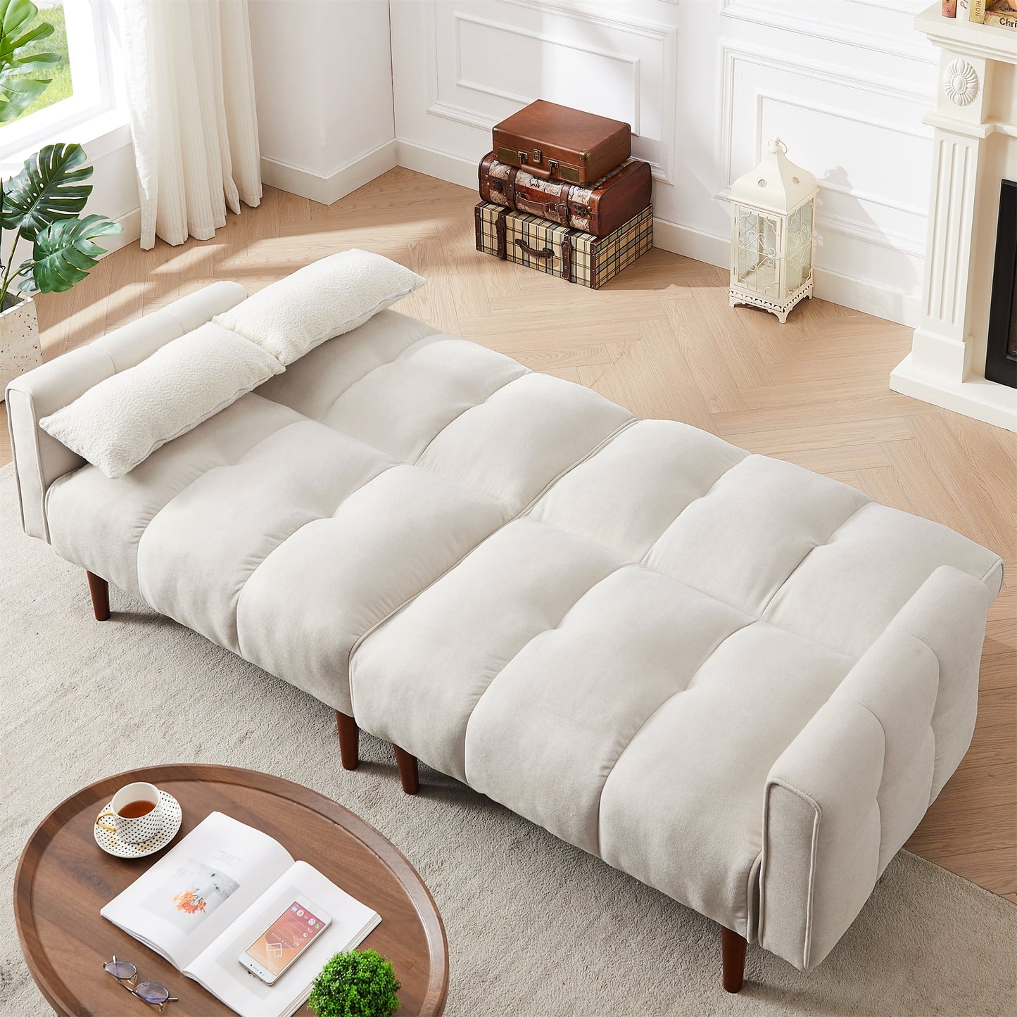 Aukfa 81in Oversized Futon Convertible Sofa Bed, Tufted Couch for Living Room, 2 Pillow, Linen, Beige