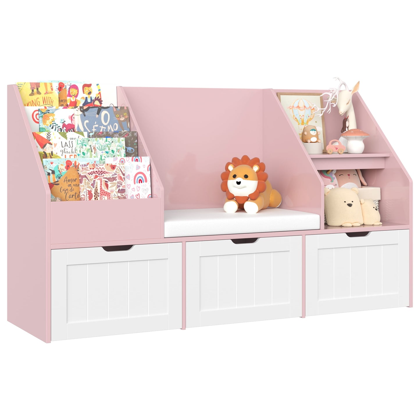 Homfa Kids Bookshelf with Reading Nook & 3 Movable Drawers, 2 Cube Bookcase with 4-Tier Book Racks, Toy Storage Organizer for Playroom Bedroom, Pink