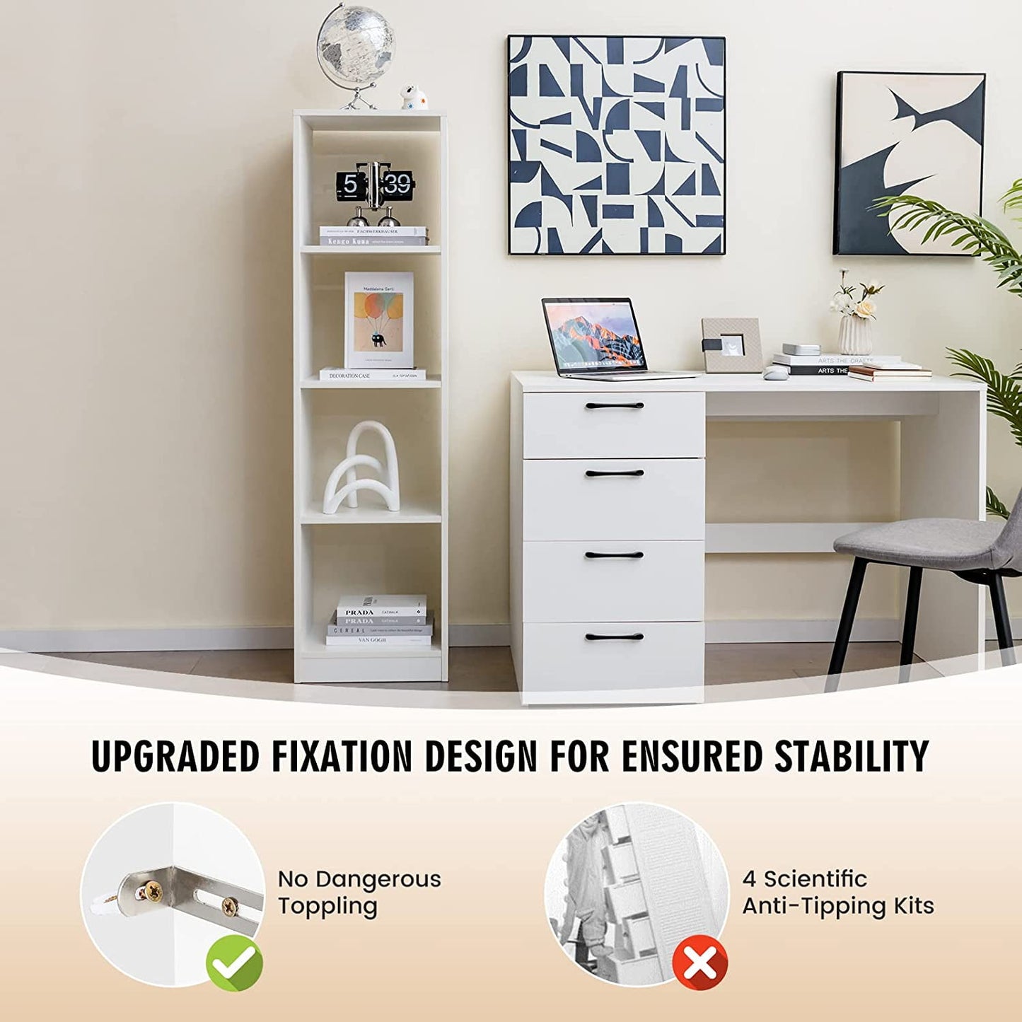 HOMEZY 56in Tall 4 Cube Bookcase White - Freestanding 15in Wide 5-Tier Narrow Open Display Bookshelf with 4 Anti-Tipping Kits, Wooden Cube Storage Organizer for Small Place, Living Room, Bedroom