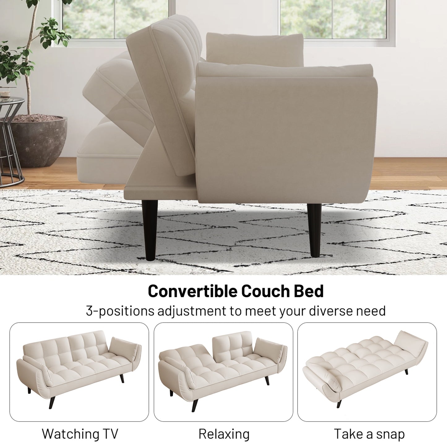 Aukfa 74in Flared Arm Futon Convertible Sofa Bed, Curved Sleeper Sofa for Home Office, Velvet, Beige