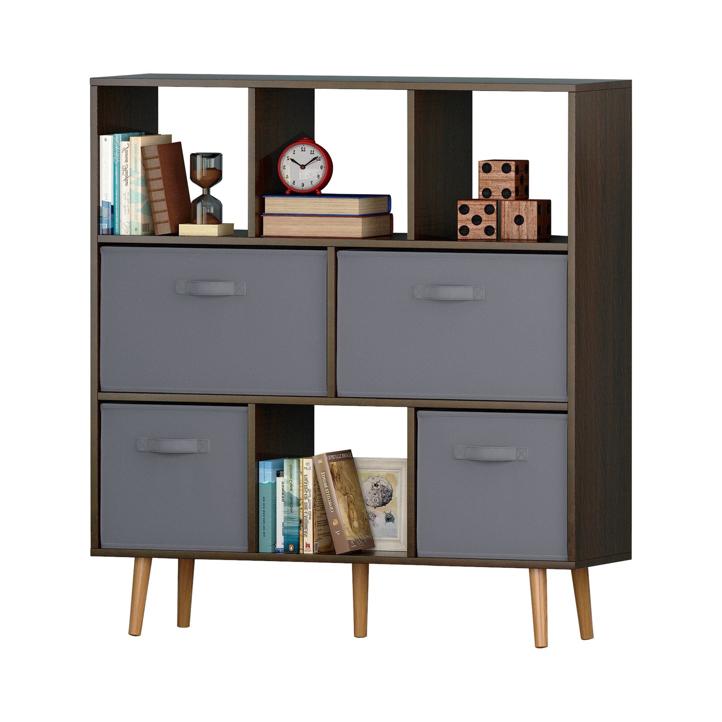 IVV Wooden Open Shelf Bookcase, Modern Minimalist Bookcase, 8 Cube Open Book Shelves Storage Organizer with 4 Fabric Drawers, Freestanding Display Bookcases for Small Space (Brown)