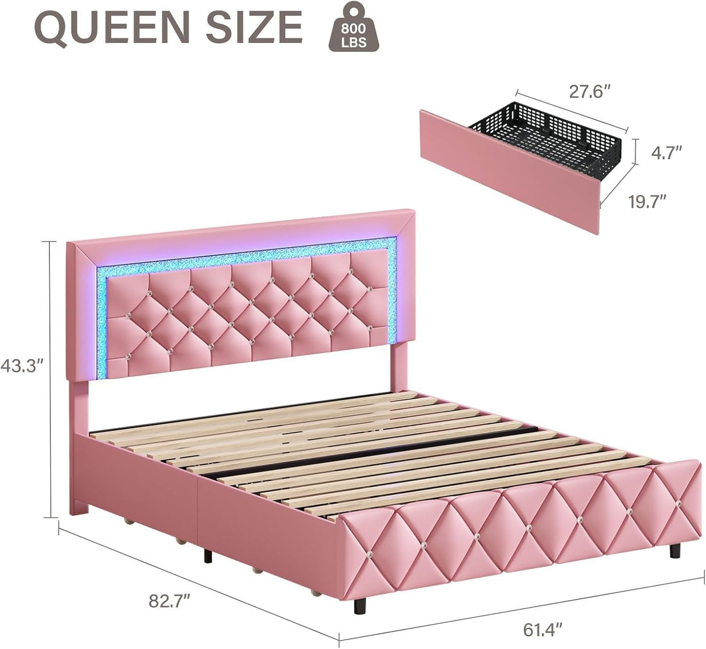 4 EVER WINNER Queen Size LED Bed Frame, Pink Queen Bed Frame with LED Light Headboard, 4 Storage Drawers Upholstered Platform Bed Frame, Pink