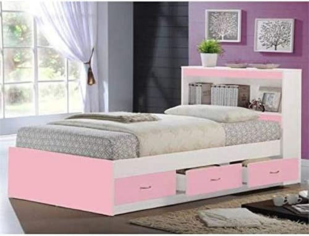 Hodedah Twin-Size Captain Bed with 3-Drawers and Headboard in Pink