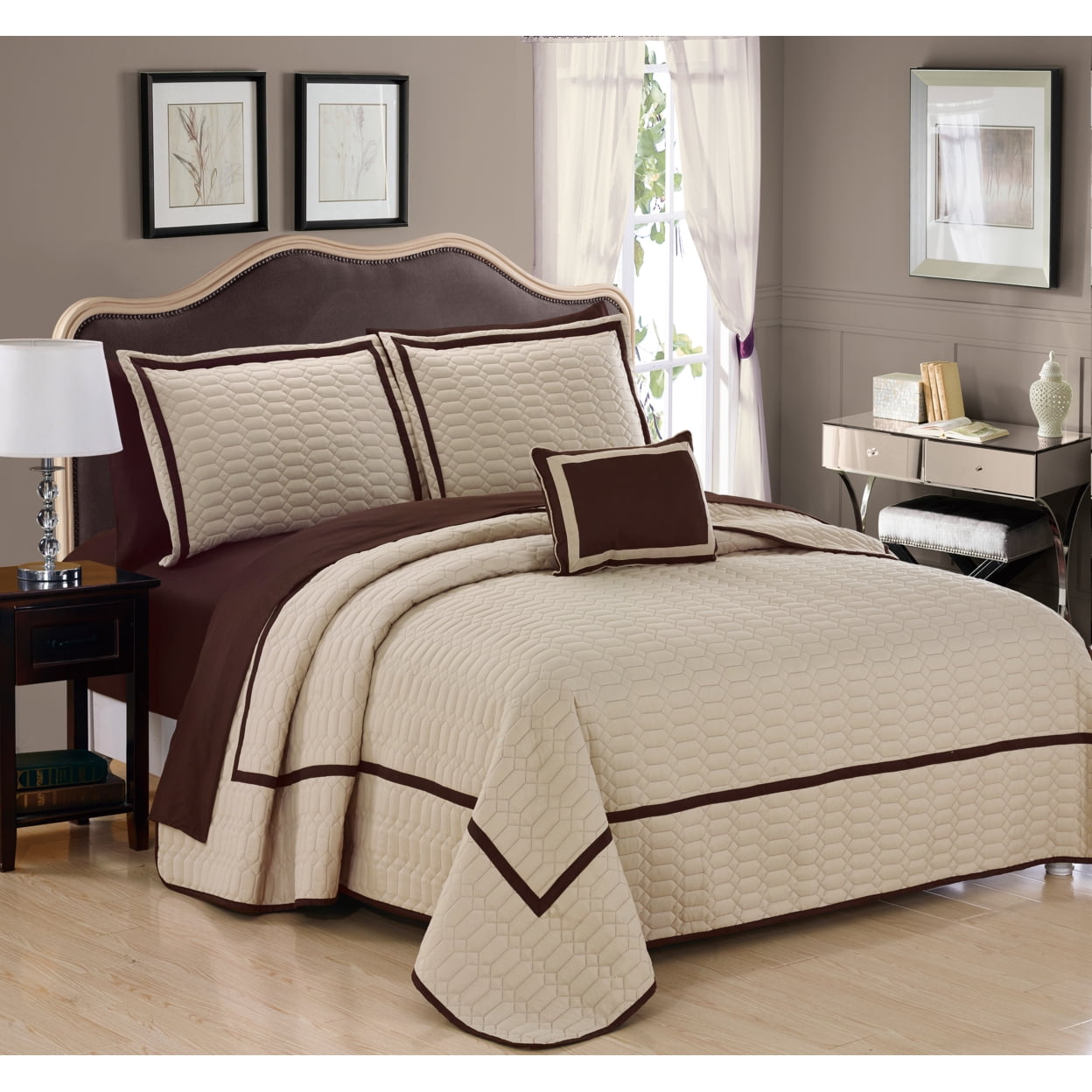 8 Pc. Neal Hotel Collection 2 Tone banded Geometrical Embroidered Quilt in a bag Includes sheets set Shams and