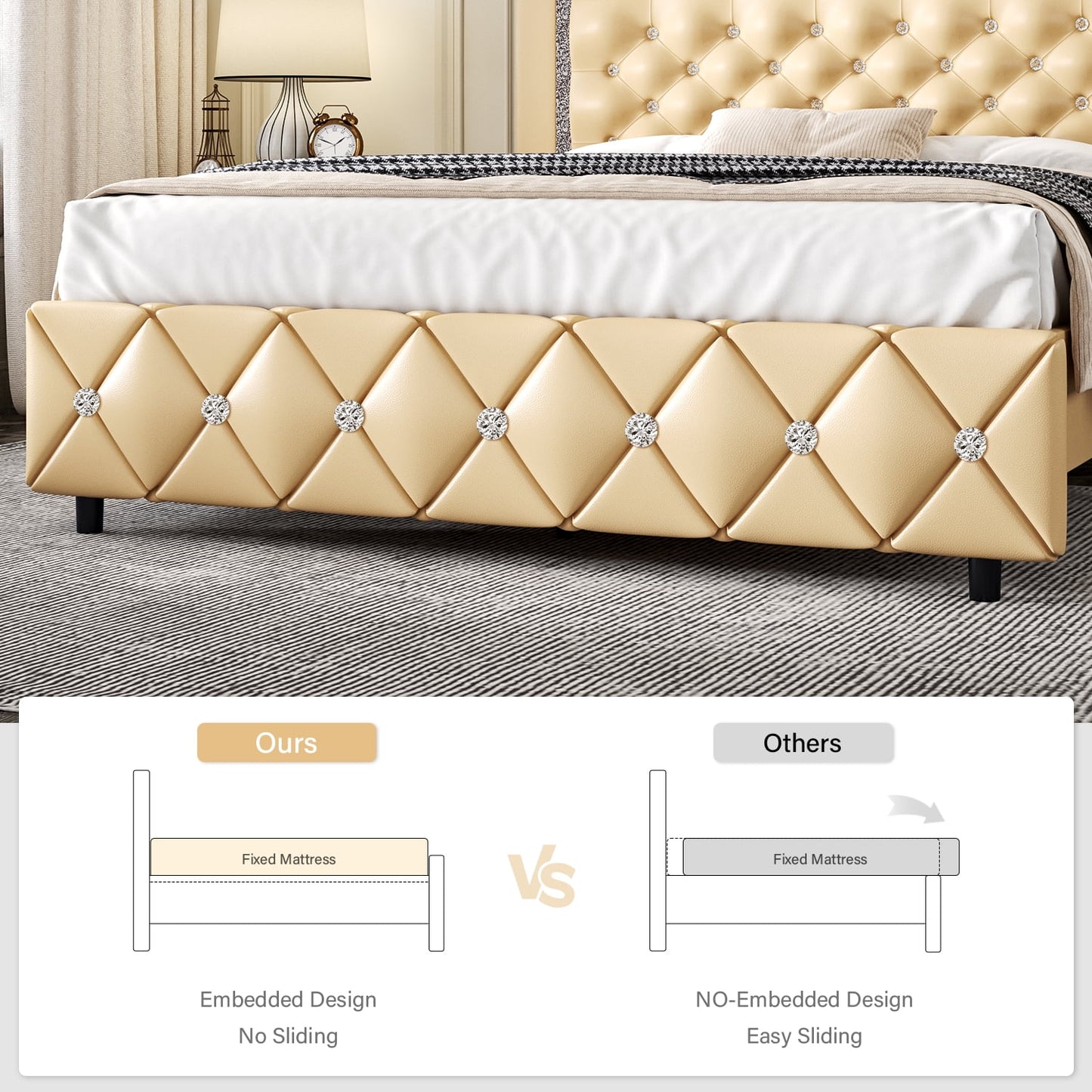 4 EVER WINNER King Size Bed Frame, Upholstered Platform Bed Frame with Headboard,Yellow