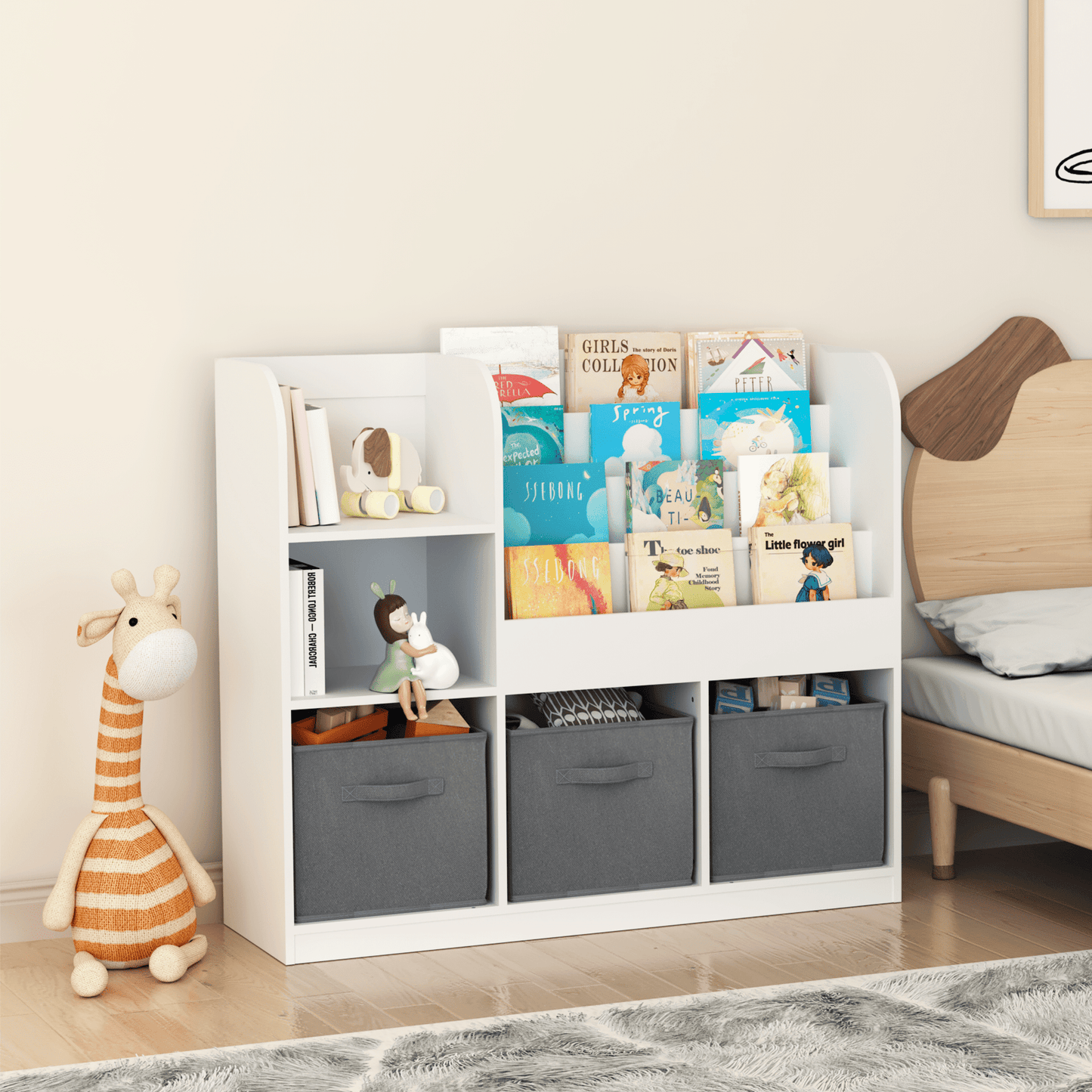 32in Kids Bookcase and Bookshelf, Multifunctional Bookcase with 3 Collapsible Fabric Drawers,Bookcase Display Stand,Toy Storage Organizer for Bedroom, Playroom, Hallway,