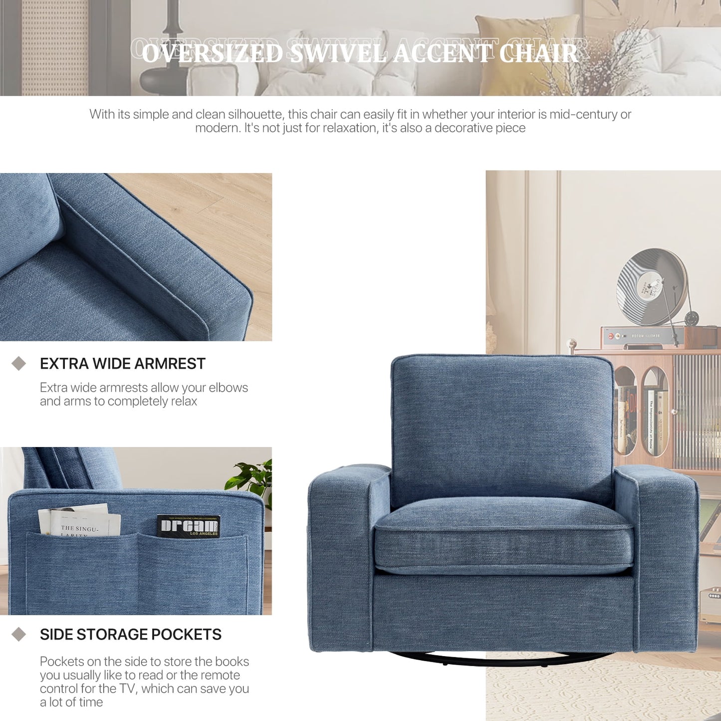 INGALIK Swivel Accent Chair, 40.2in W Oversize Chenille Accent Armchair with Storage Bag, Modern Comfortable Chair for Living Room, Bedroom, Home, Club, Blue