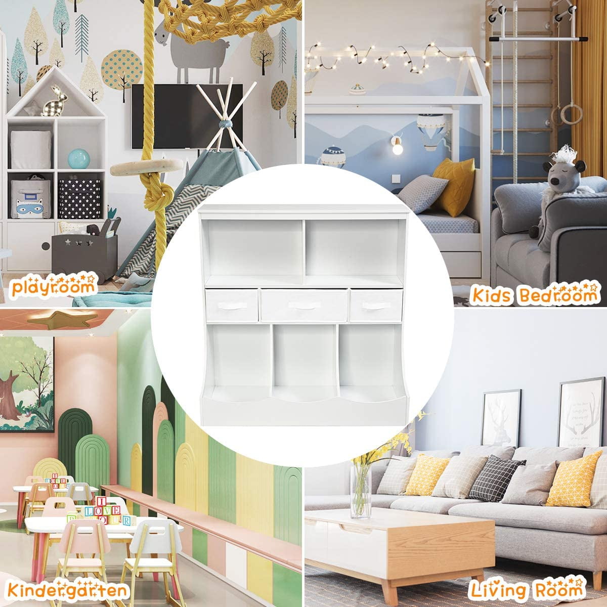 3-Tier Kids Bookcase Toddler Storage Organizer Cabinet Shelf w/ 8 Compartment Box and 3 Removable Drawers for Children, Freestanding Storage Unit for Bedroom Decor Room (White)