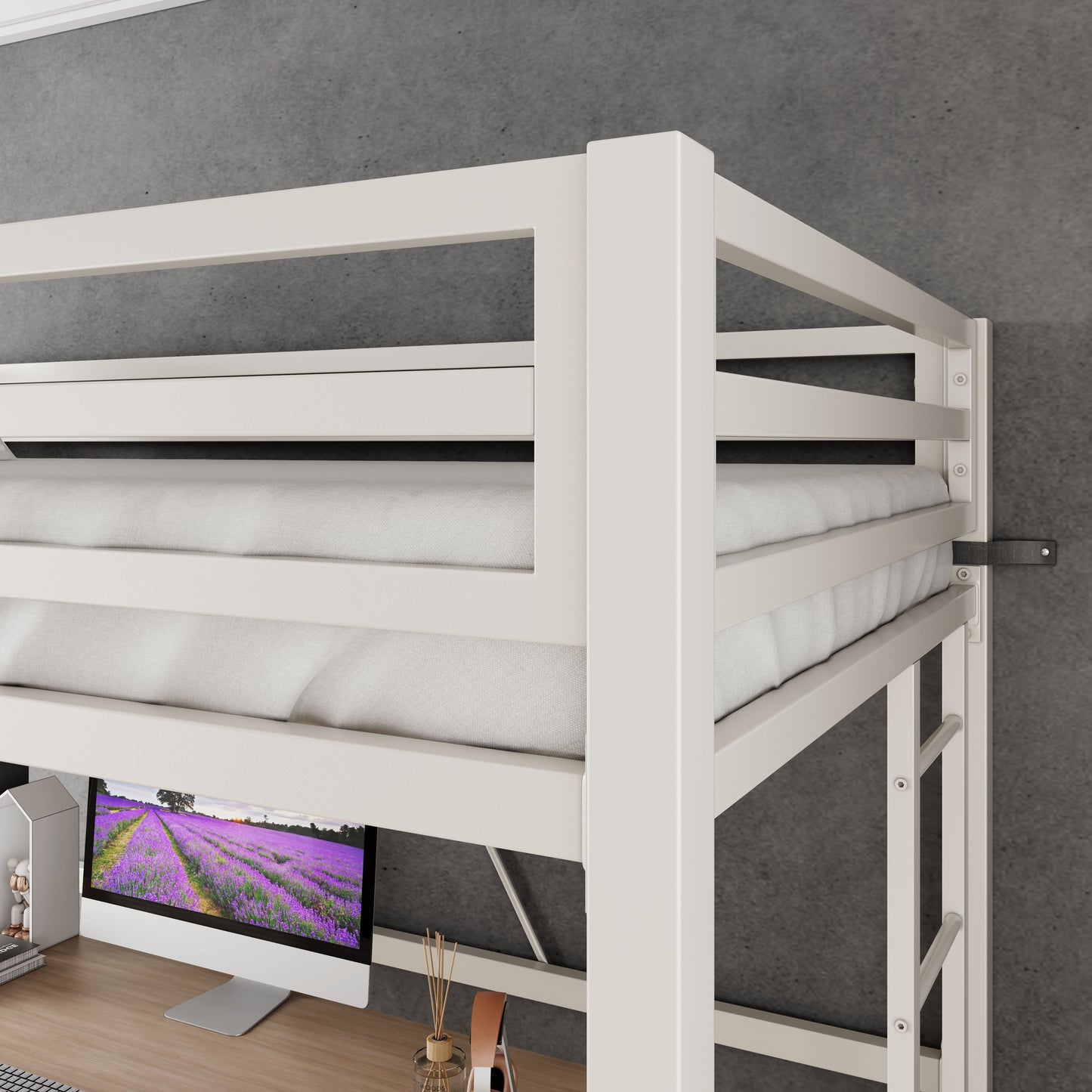 Amolife Twin Size Heavy Duty Metal Loft Bed with Removable Ladder & Full-Length Guardrail, White