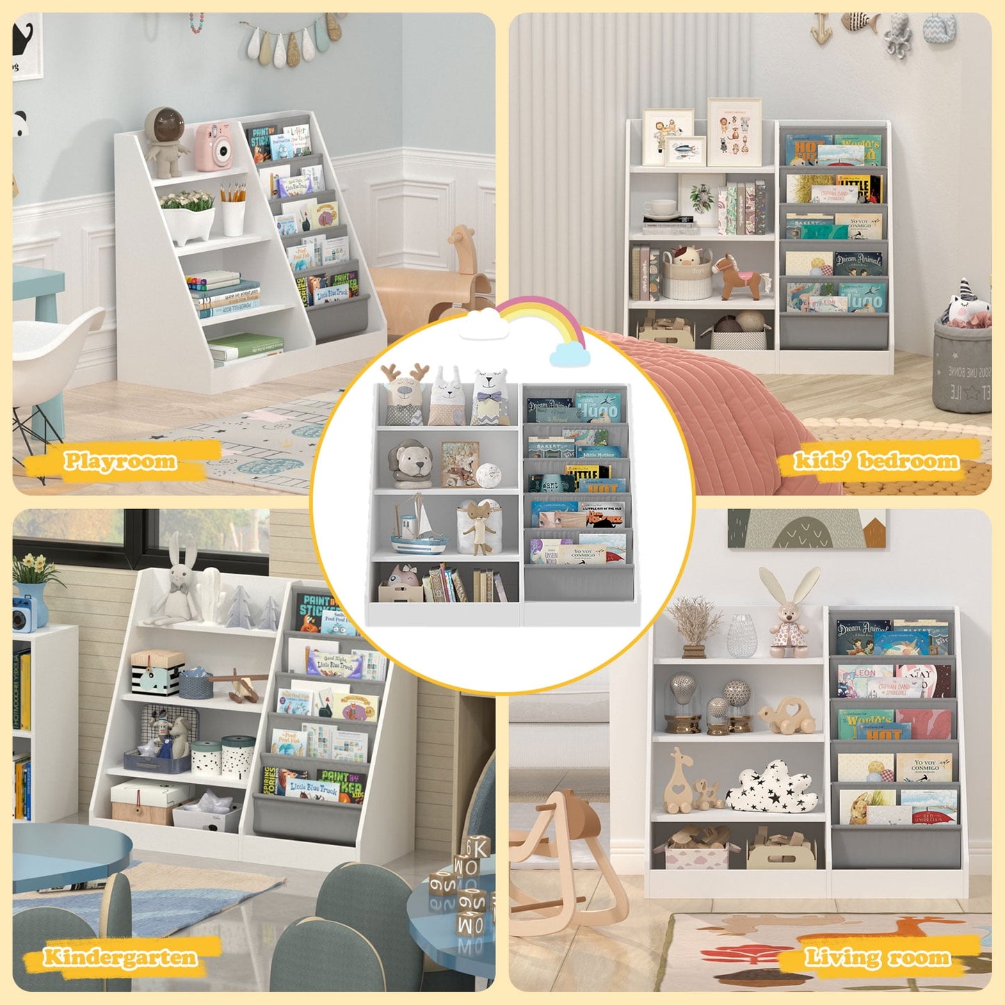 Hironpal Kids Bookshelf, 4 Tier Storage Book Rack and Five Layer Sling Bookshelf for Playroom,White