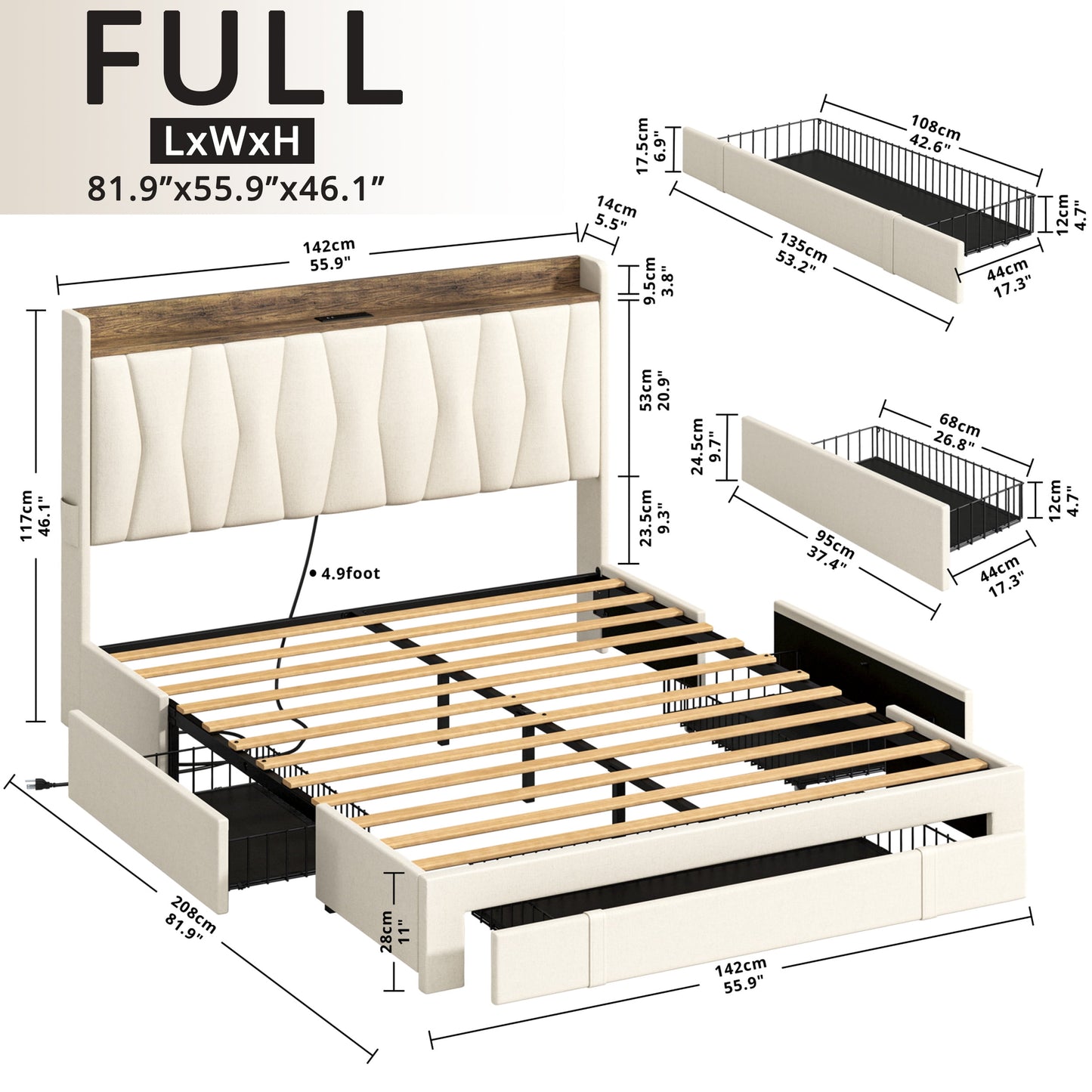 ANCTOR Full Size Bed Frame with Upholstered Storage Headboard, 3 Drawers, Charging Station, Sturdy