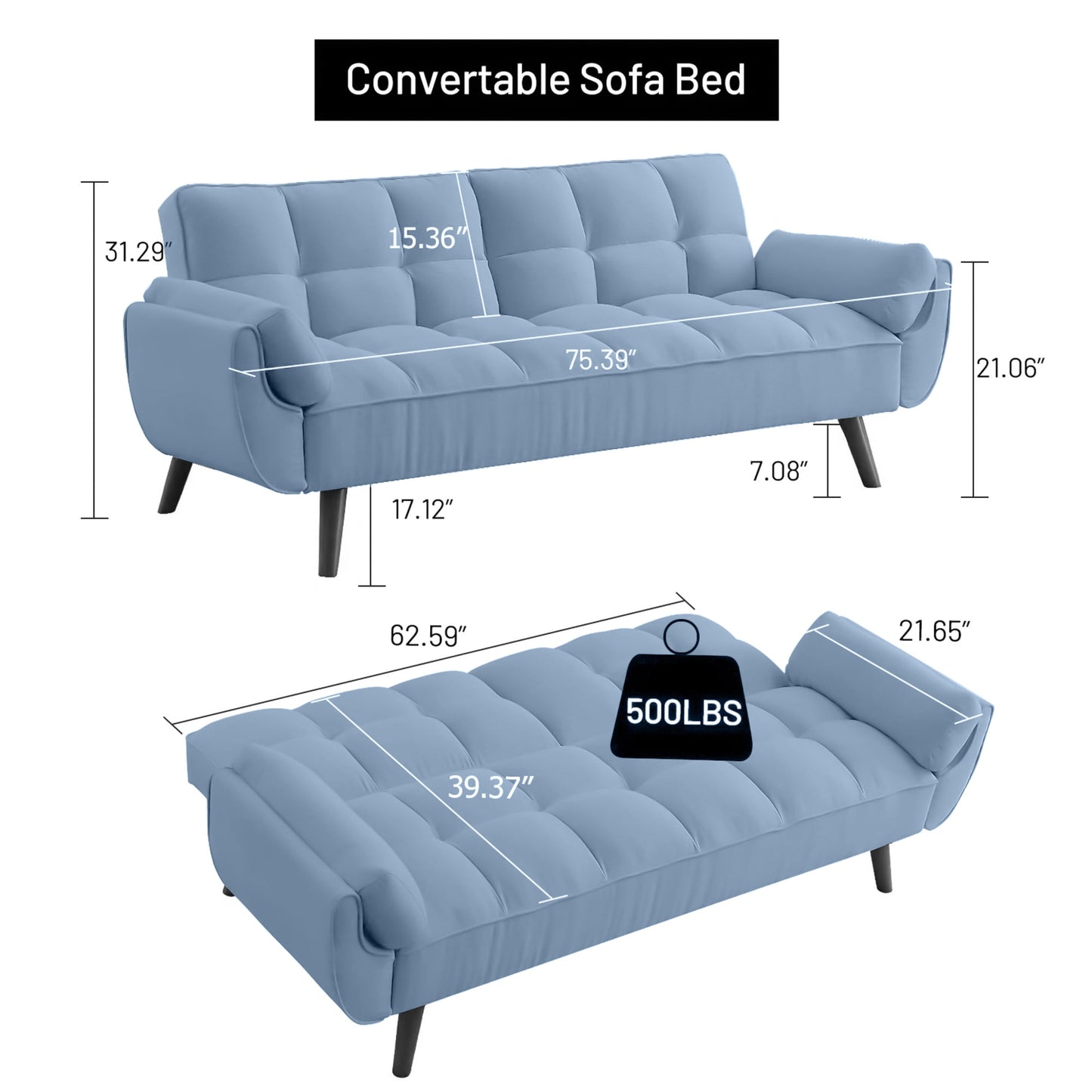 Aukfa 74in Flared Arm Futon Convertible Sofa Bed, Curved Sleeper Sofa for Home Office, Velvet, Blue