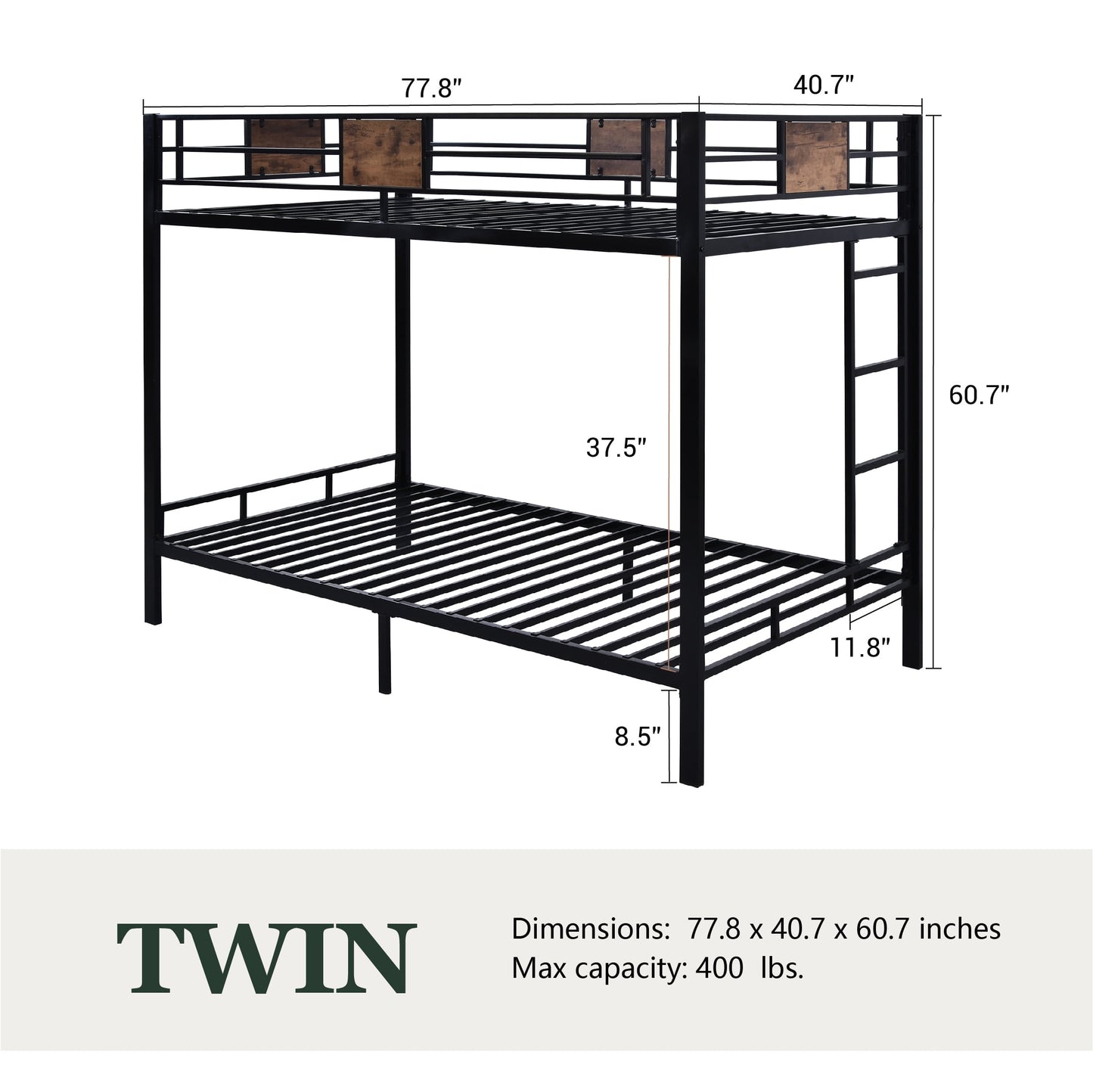 Amolife Metal Twin Bunk Bed Frame for Kids, Teenagers & Adults with Stairs, Full-Length Guardrail-Black