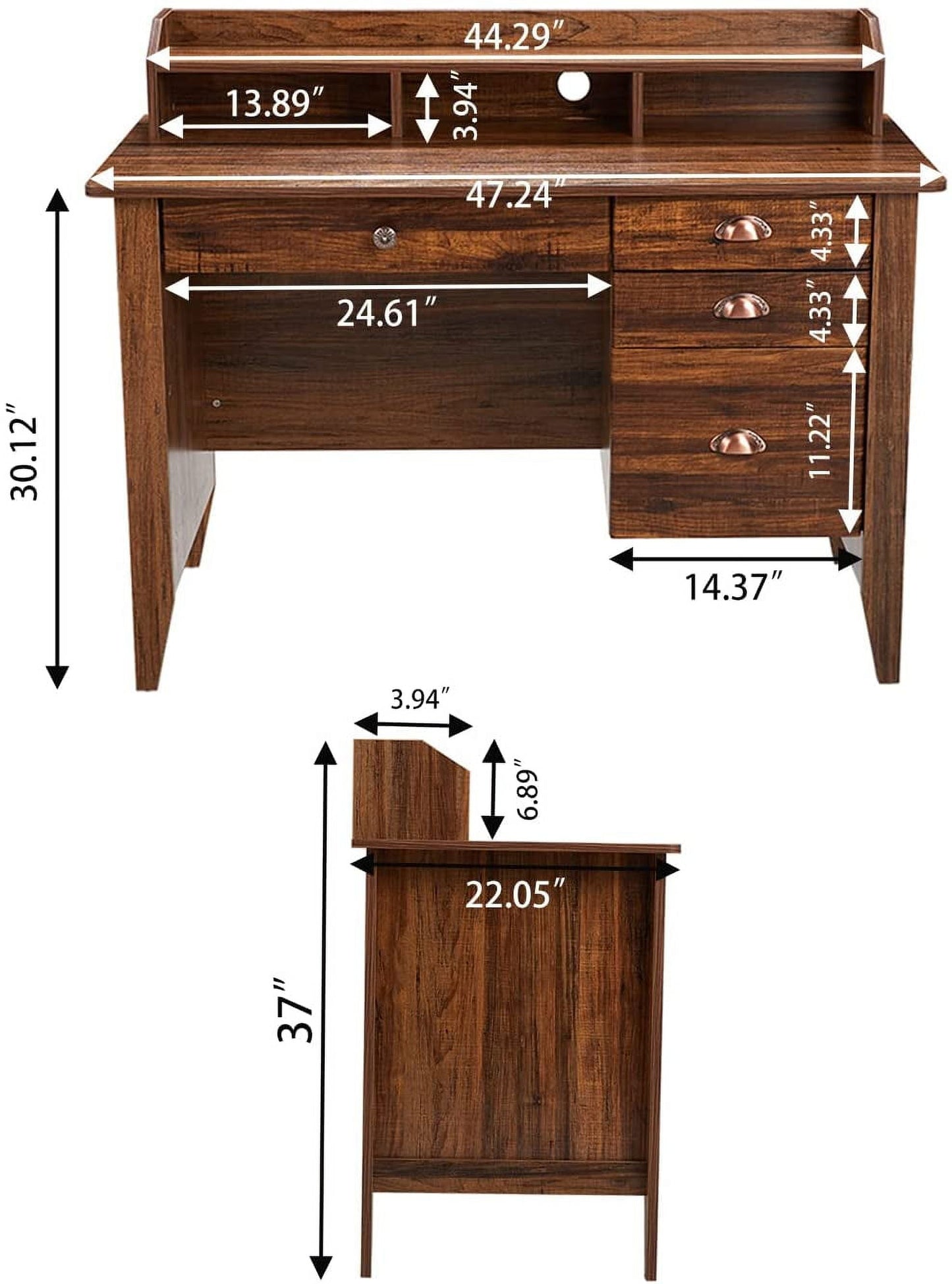 Homfa 47 in Computer Desk, Home Office Writing Table with 4 Drawers and Hutch Shelf, Sturdy Desk with Spacious Desktop, Rustic Brown