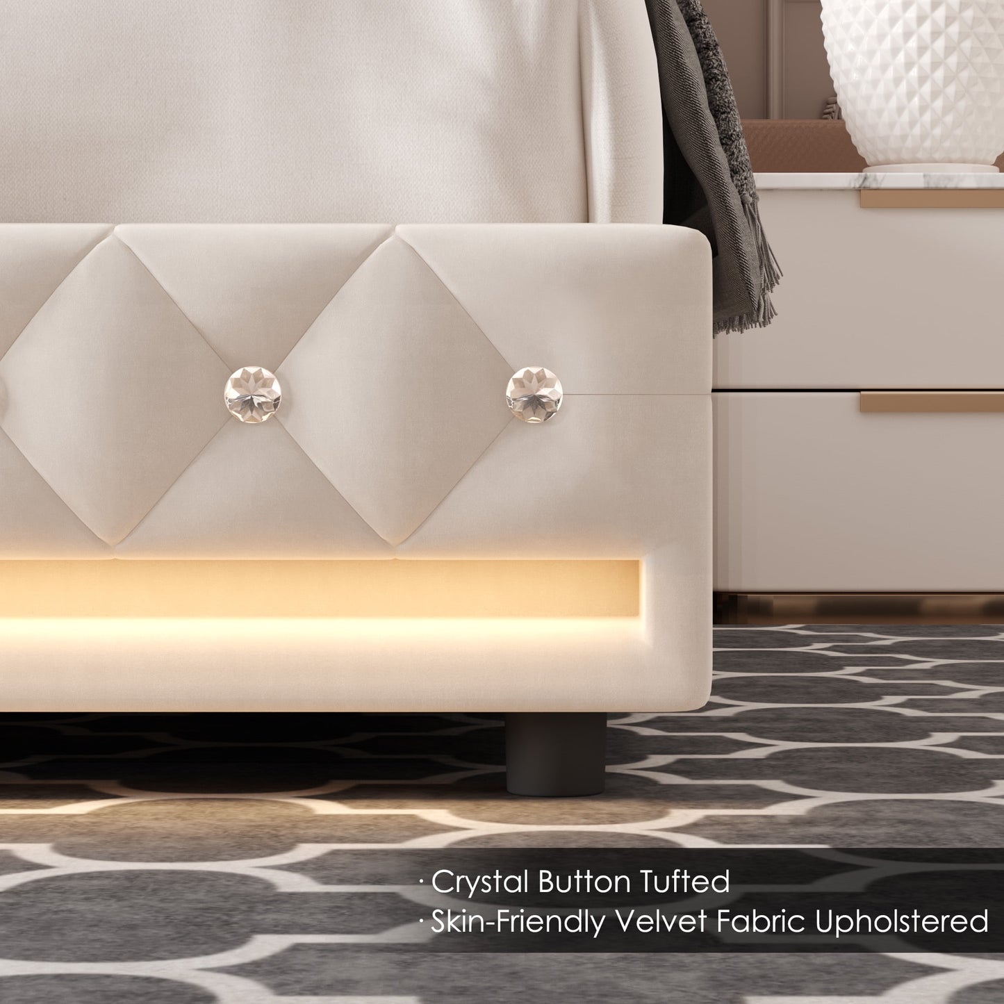 Homfa Queen Size LED Bed Frame with Outlets and USB Ports & Display Platform, 4 Storage Drawers Modern Crystal Button Tufted Upholstered Platform Bed Frame, Beige