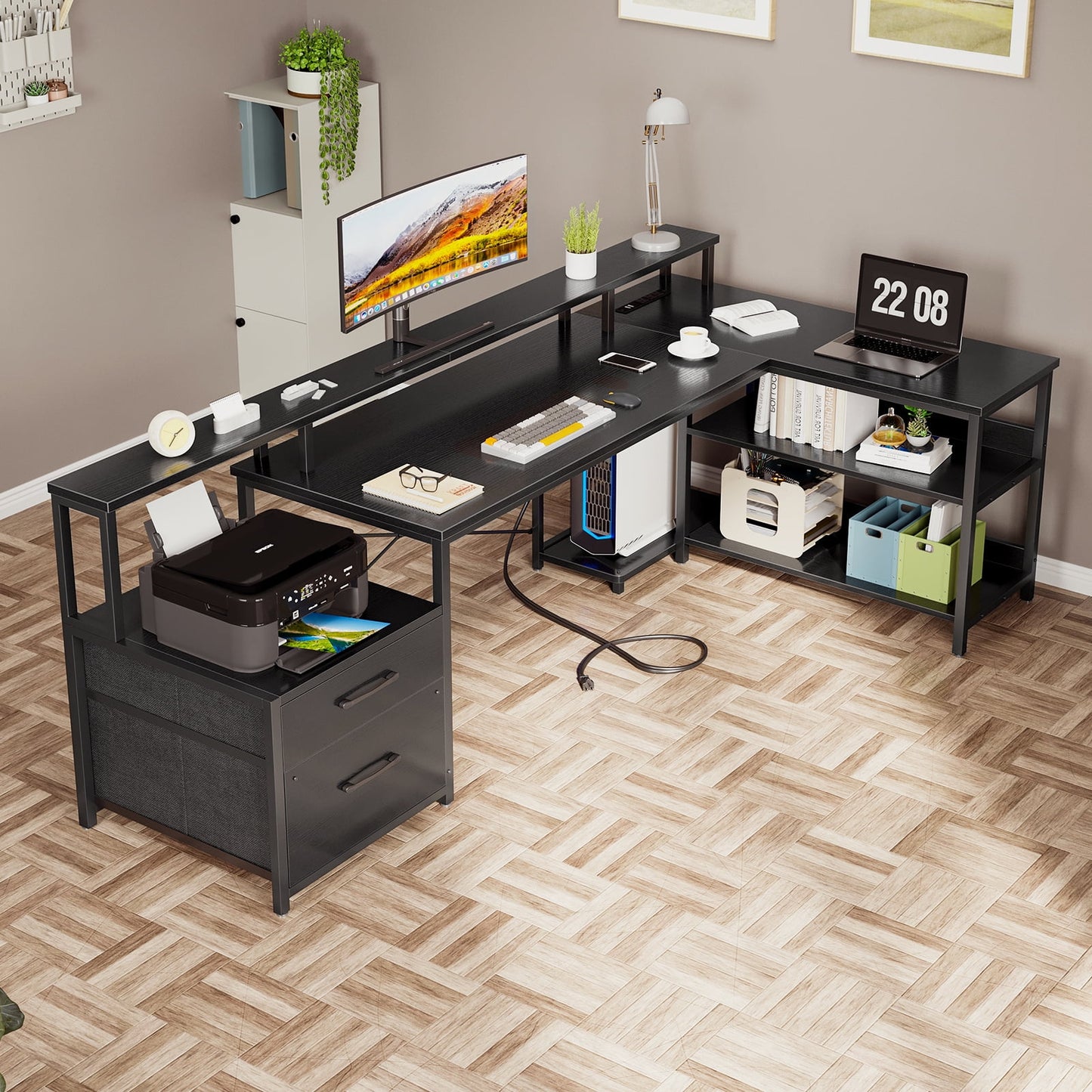 66in Reversible L Shaped Desk with File Drawer & Power Outlet, Modern Computer Desk with LED Strip, Home Office Desk with Storage Shelves, Gaming Desk with Monitor Shelf, Corner Desk, Black