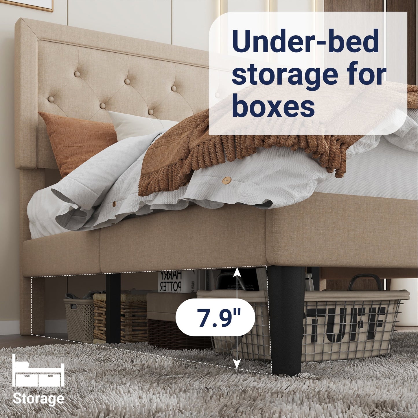 Allewie Full Size Bed Frame, Upholstery Material, Comfortable Mattress Support, Beige, No Box Spring Needed