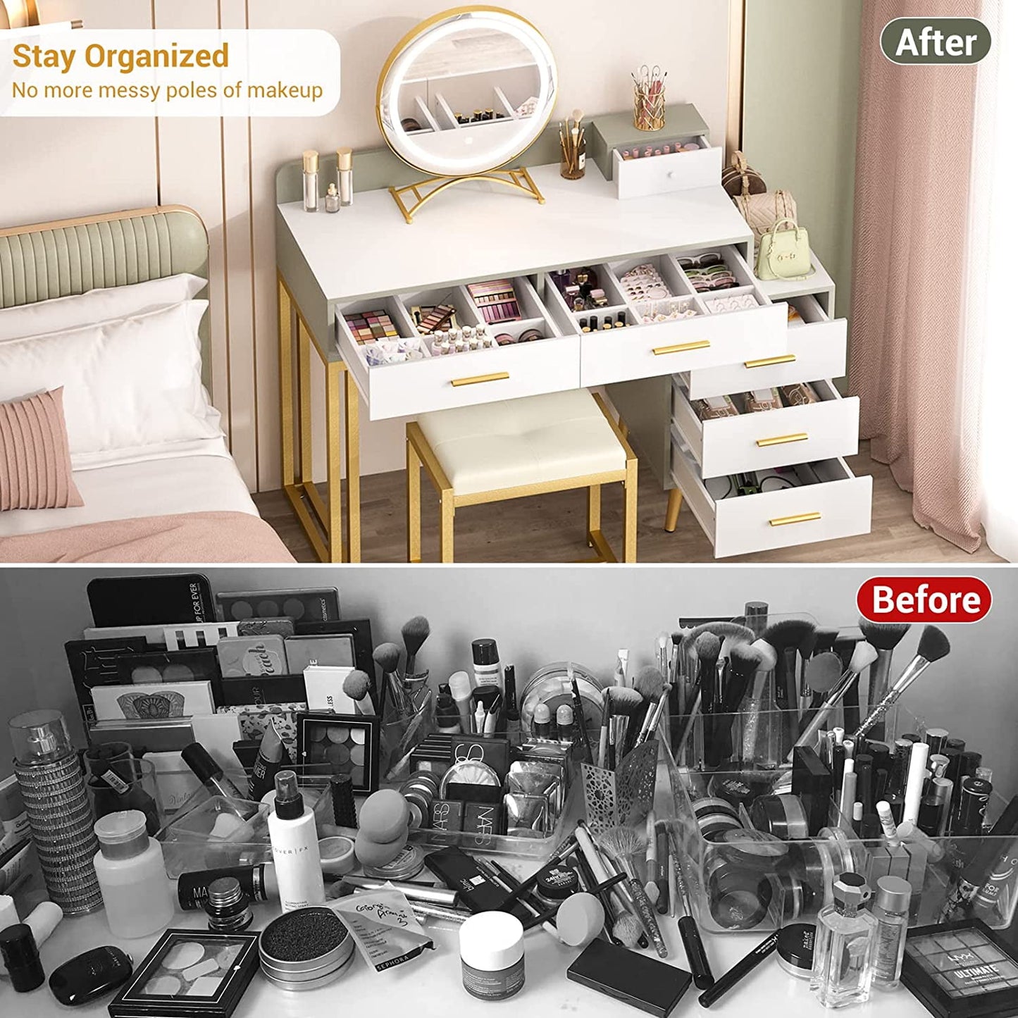 Homieasy Vanity Desk with LED Lighted Mirror, 44in Reversible Makeup Desk with 6 Drawers, Vanity Table Set with Soft Stool, Dressing Table with 3 Color Lighting Options for Women, White and Cyan