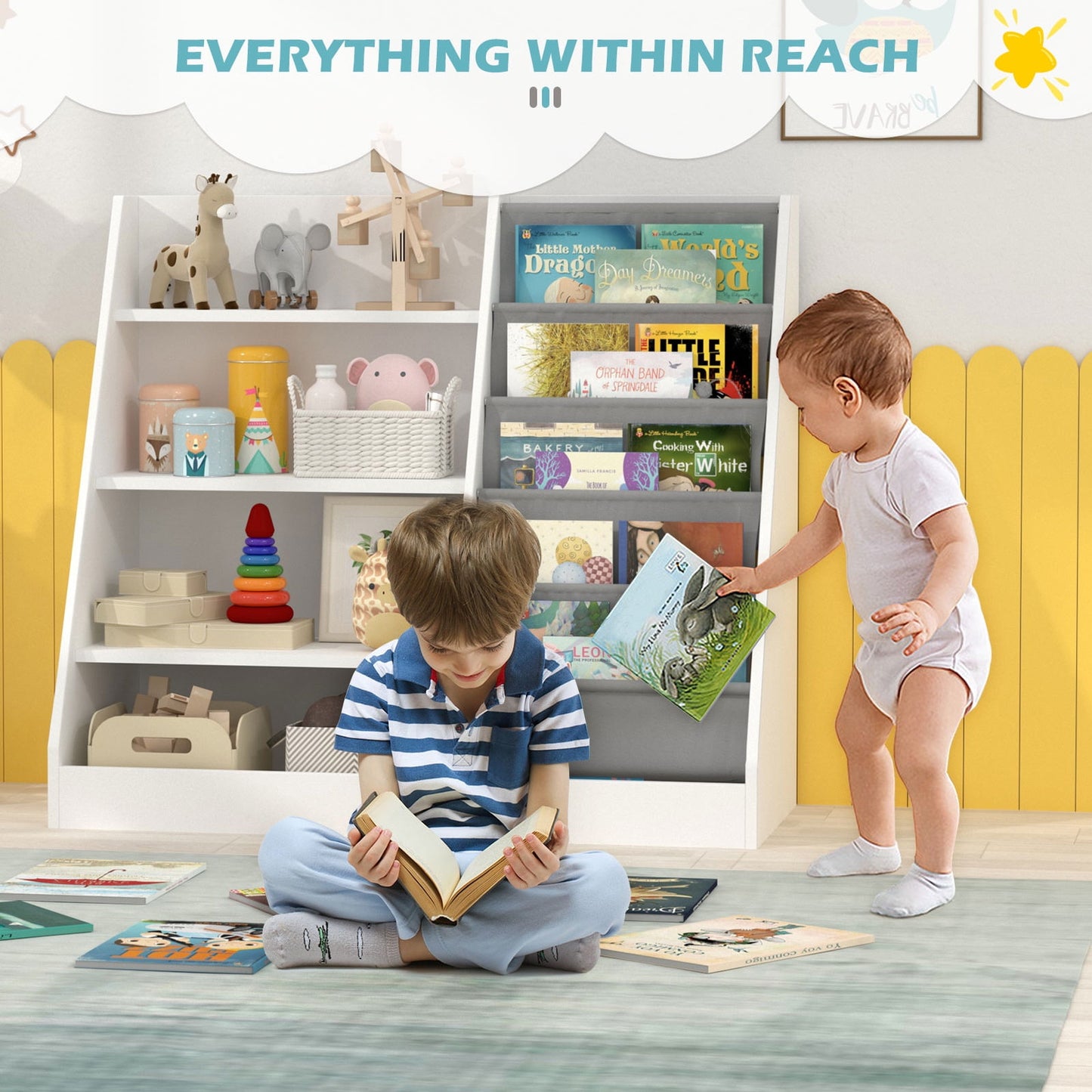 Hironpal Kids Bookshelf, 4 Tier Storage Book Rack and Five Layer Sling Bookshelf for Playroom,White