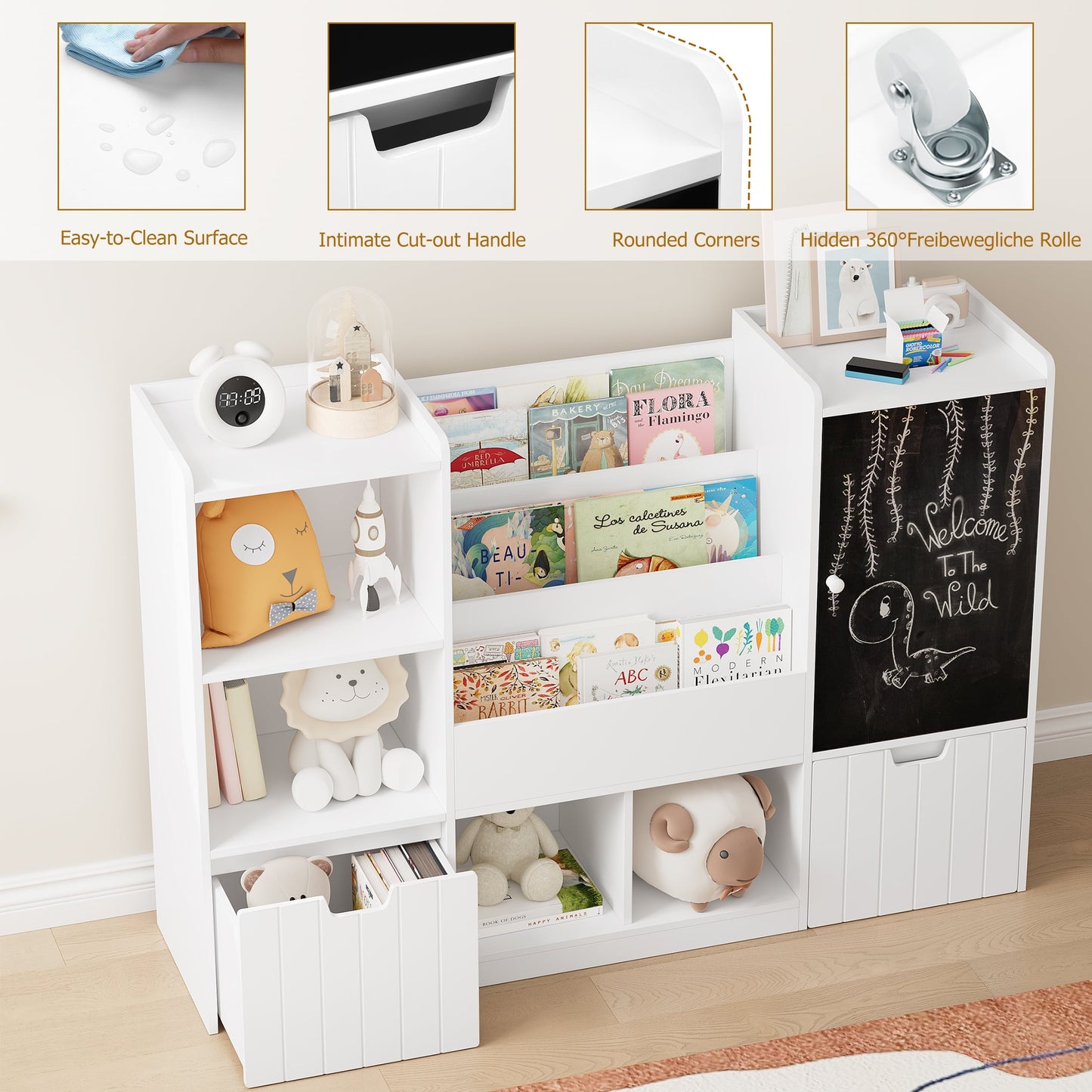 Homfa Kids Bookshelf with Blackboard, Nursery Bookcase with Cubby and Toy Bin for Kids Room, White
