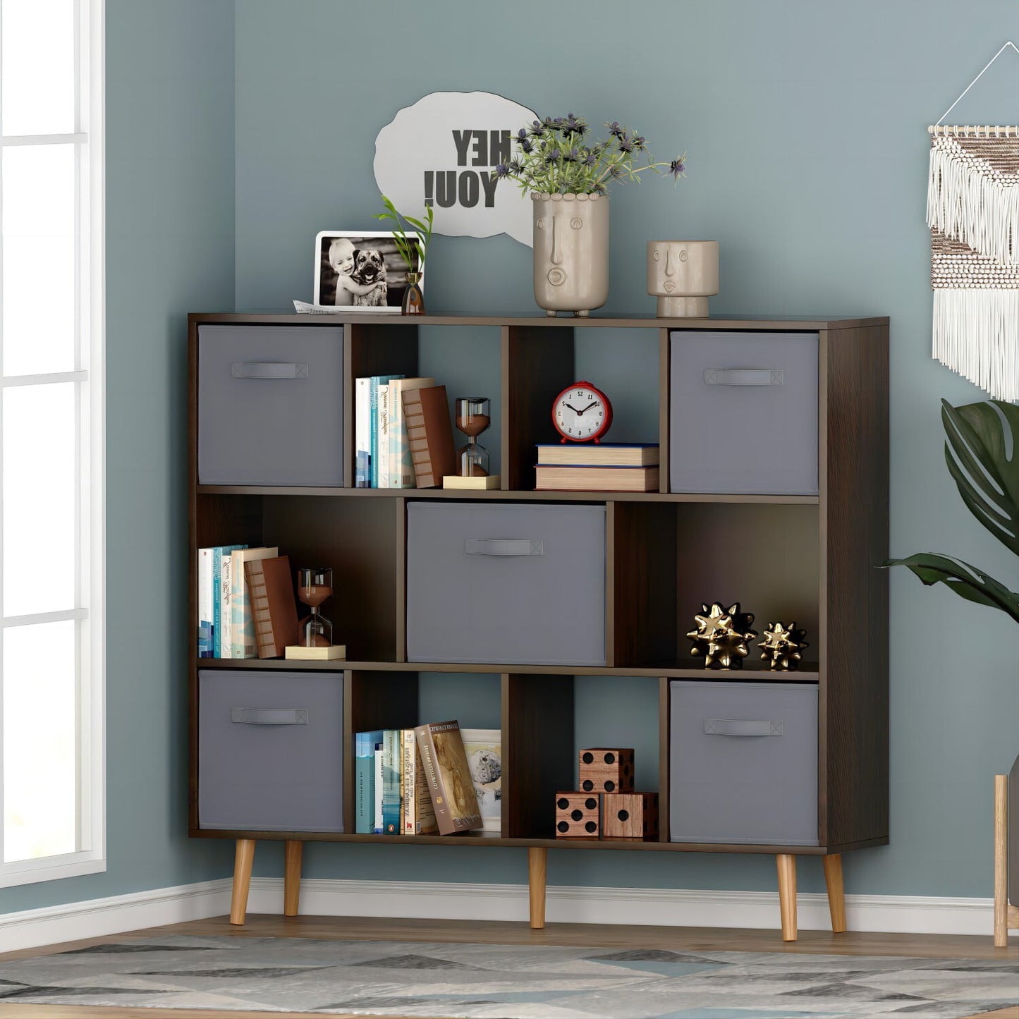 IVV 3-Tier Bookshelf, Wide Bookcase with 5 Fabric Drawers, Modern Book Shlef Storage Organizer Display Rack for Living Room, Entryway, Office, Brown