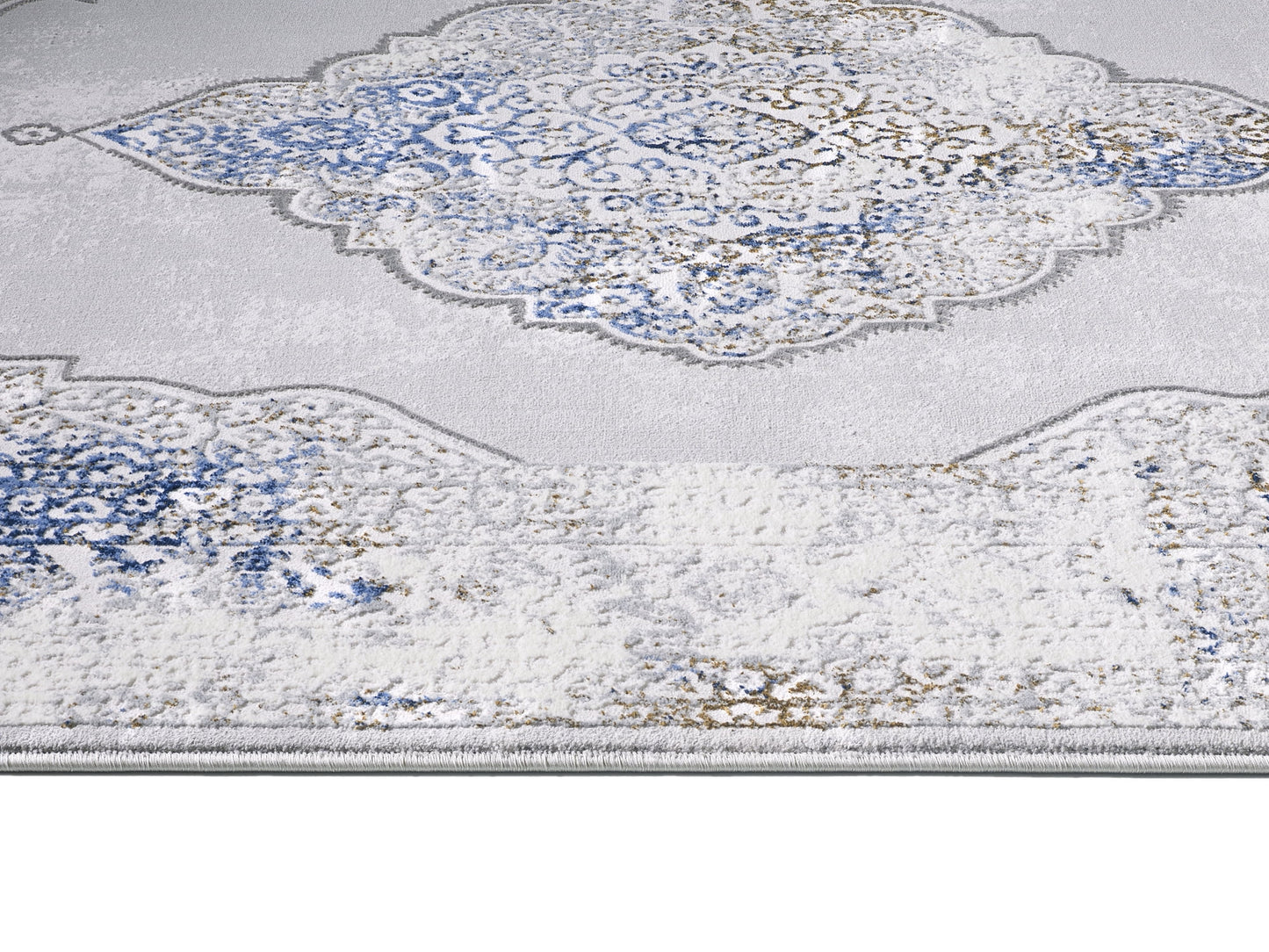 Allstar Rugs 7' 9in x 10' 0in Gainsboro Grey Traditional Persian Themed Polyester Area Rug with a Blue Bijar Design and Gold Accents. Machine-Made in Turkey.