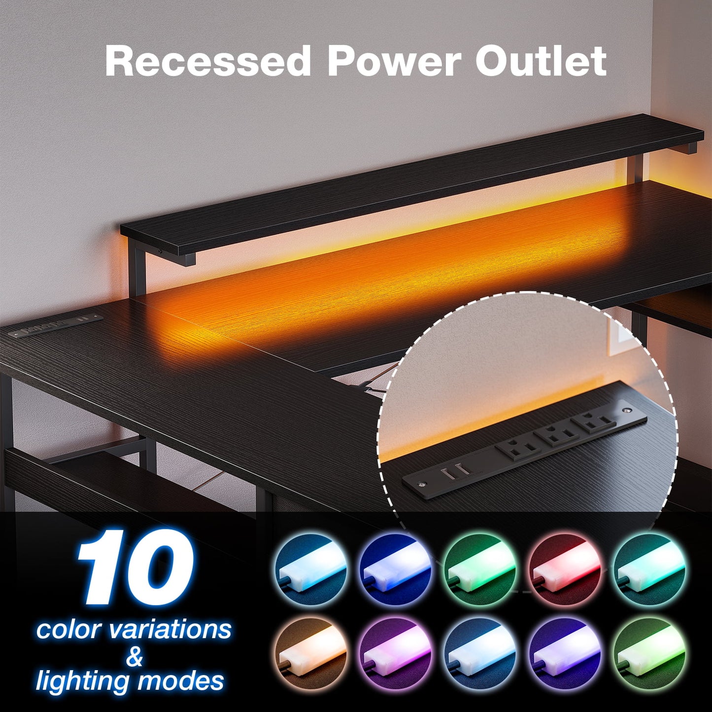 61 inch L Shaped Gaming Desk with LED Lights & Power Outlets, Corner Desk with Drawers, Computer Desk with Adjustable Heights Monitor Stand, Gaming Table with Hooks, Black