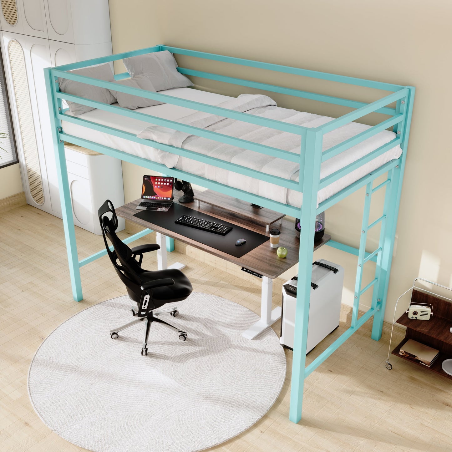 Allewie Loft-Style, Twin Size Bed, Apple Green, Heavy-Duty Metal with Guardrail & Removable Stairs