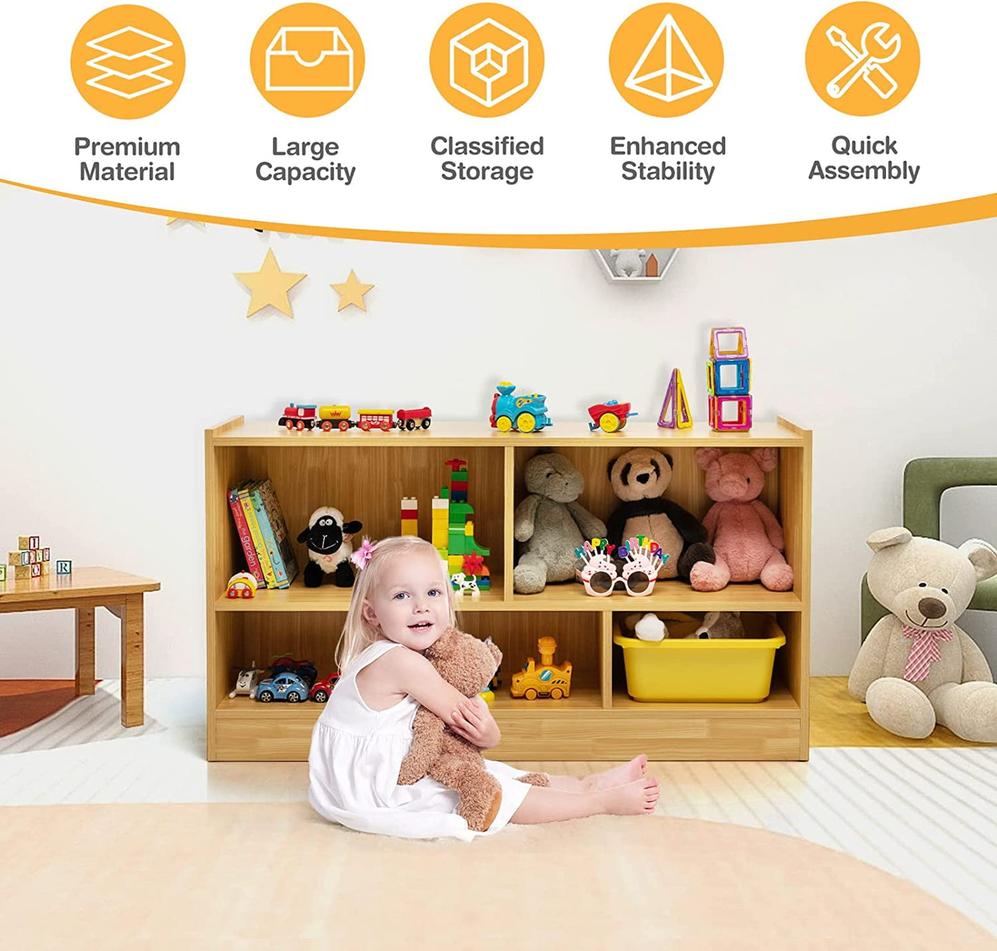 HONEY JOY Kids Toy Storage Organizer, 5-Section Storage Daycare Shelf for Preschool, Children 2-Tier Open Wooden Display Book Shelf Organizer for Classroom, Playroom & Nursery, Kindergarten(Dark Gray)