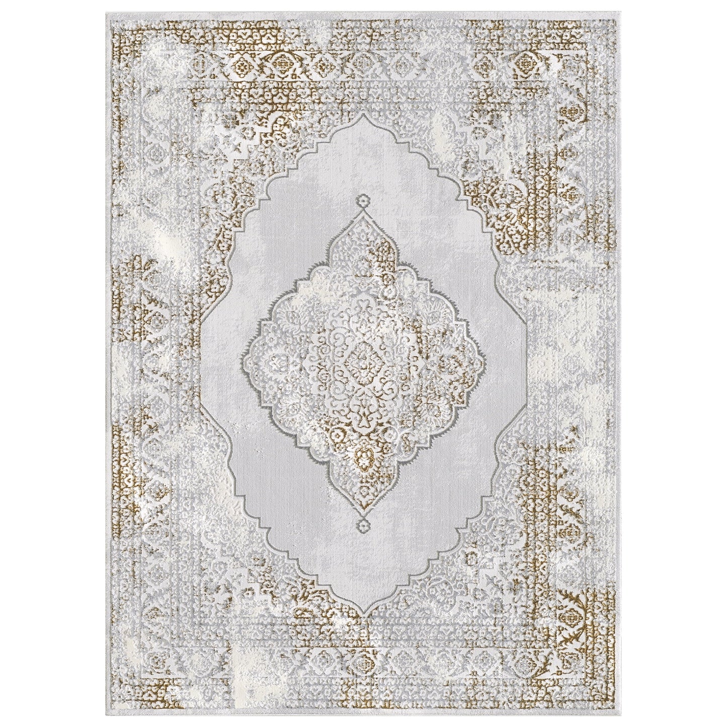 Allstar Rugs 7' 9in x 10' 0in Gainsboro Grey Traditional Persian Themed Polyester Area Rug with a Gold Bijar Design and Ivory Accents. Machine-Made in Turkey.