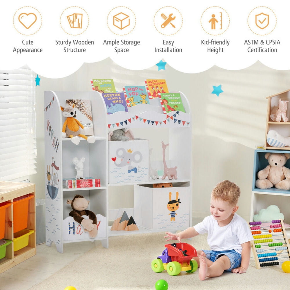 GVN Wooden Children Storage Cabinet with Storage Bins, Toy Organizers and Storage for Kids, Boys, Girls, Nursery