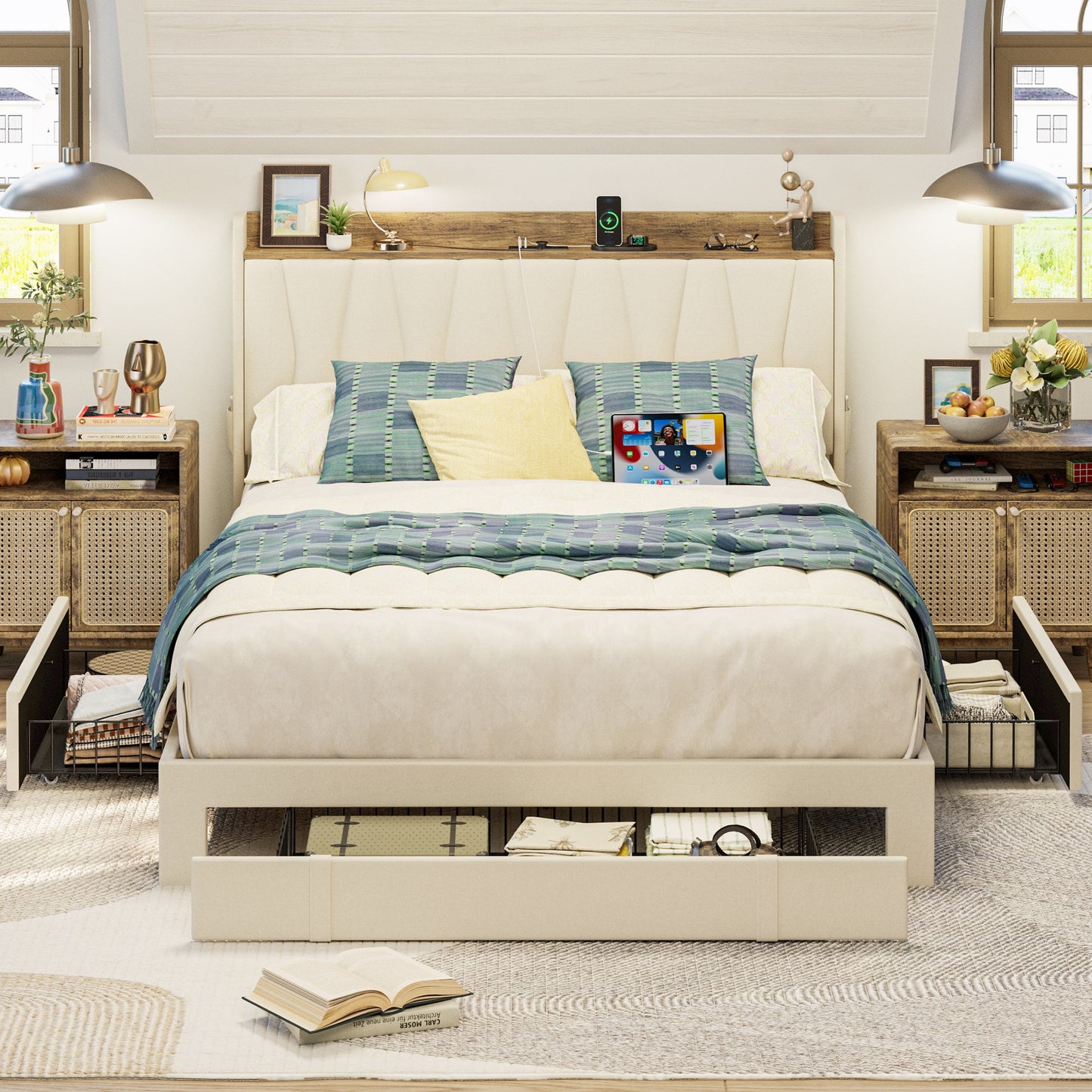 ANCTOR Full Size Bed Frame with Upholstered Storage Headboard, 3 Drawers, Charging Station, Sturdy