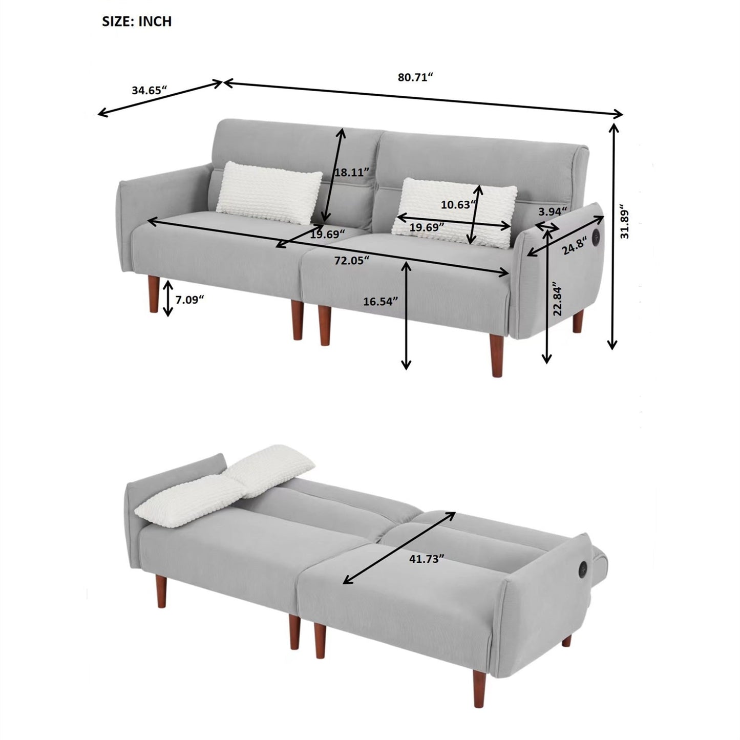 Aukfa 81in Oversized Futon Convertible Sofa Bed with USB Port for Living Room, 2 Pillows, Gray