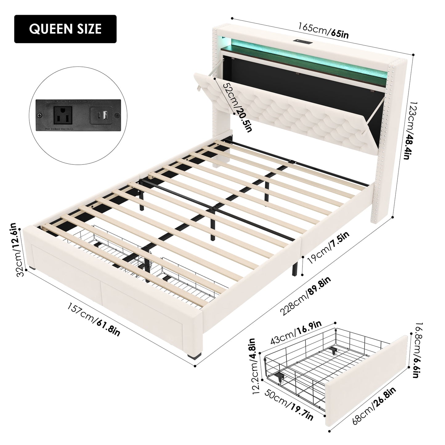 Homfa Queen Size LED Bed Frame with Outlets and USB Ports, Modern Storage Platform Bed with Velvet Fabric Button Tufted Upholstered Headboard, Beige
