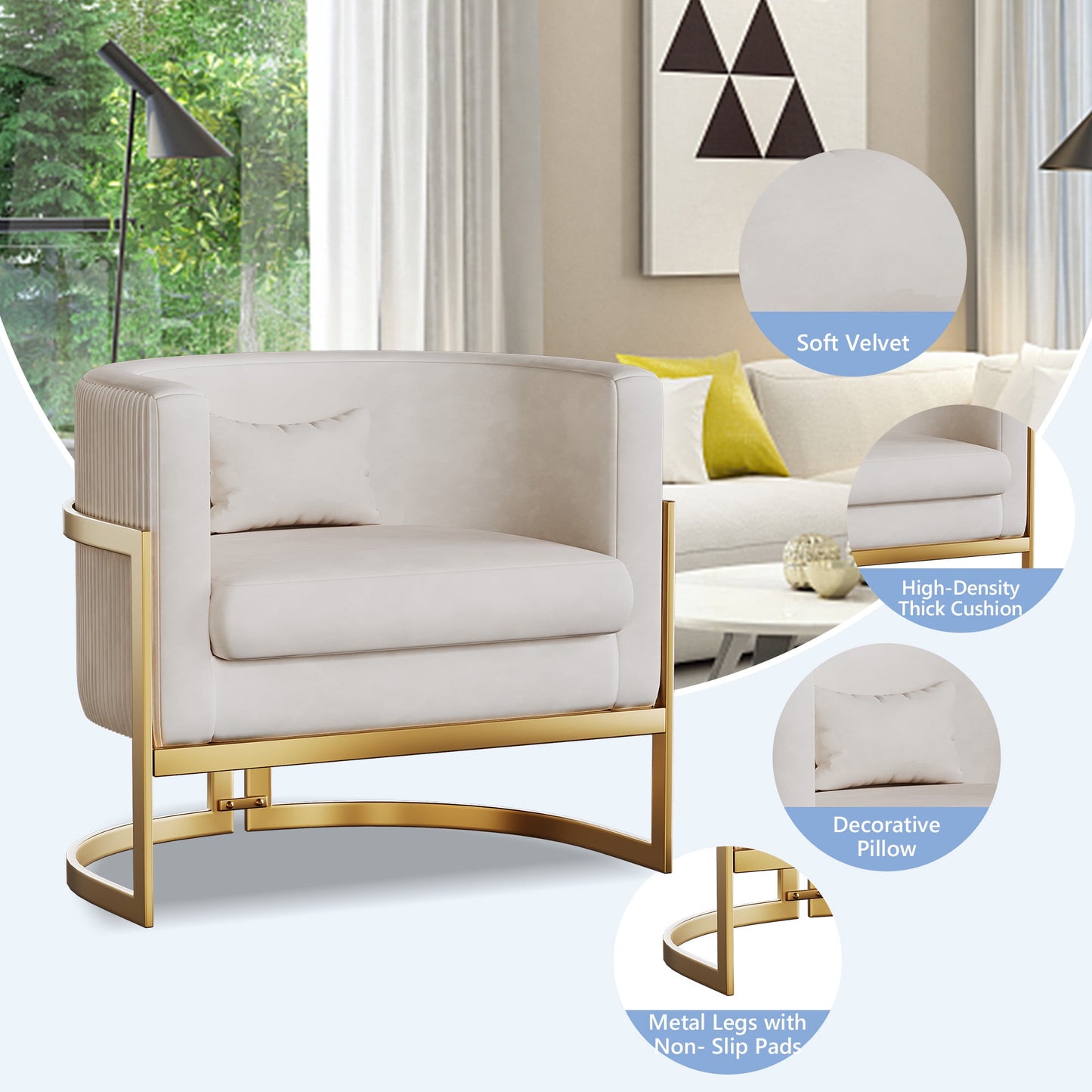 Apeaka Velvet Barrel Living Room Accent Chair, Modern Mid Century Arm Lounge Chairs Single Sofa Tub Bucket Club Chair for Bedroom