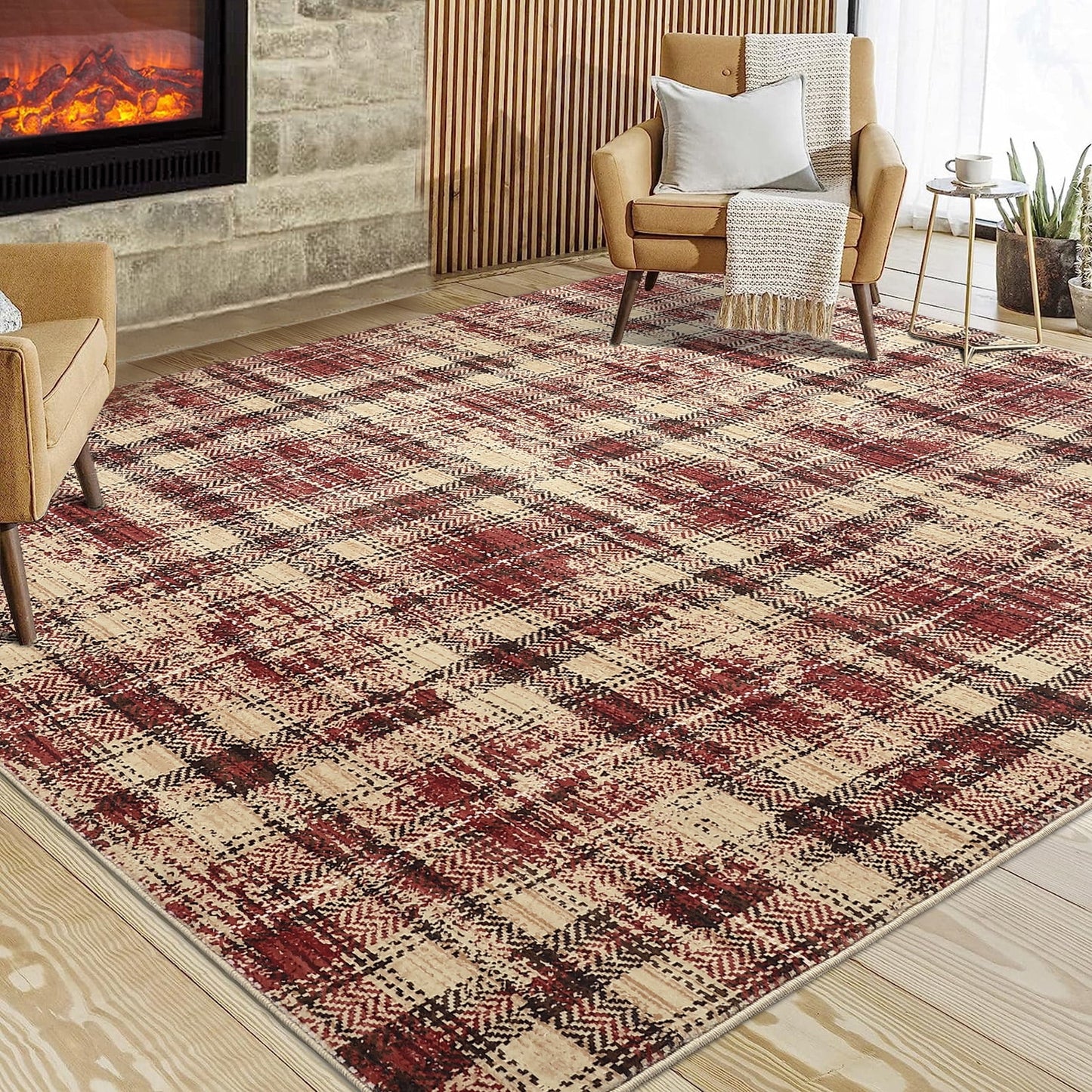 Haperlare Modern Area Rugs for Living Room Tartan Plaid Area Rug Luxurious Soft Bedroom Decor Rug Farmhouse Non Slip Throw Rugs, 5' x 7' Red