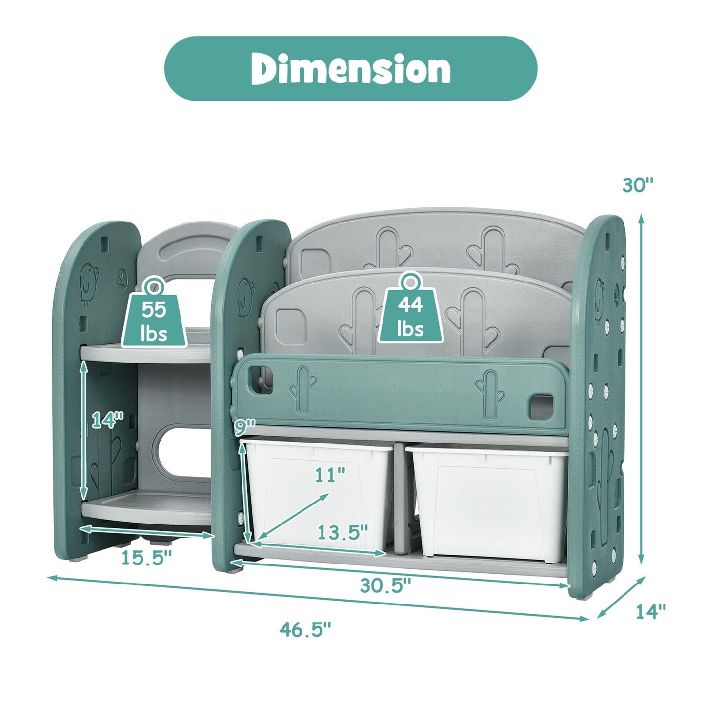 Gymax Kids Toy Storage Organizer w/ 2-Tier Bookshelf & Plastic Bins